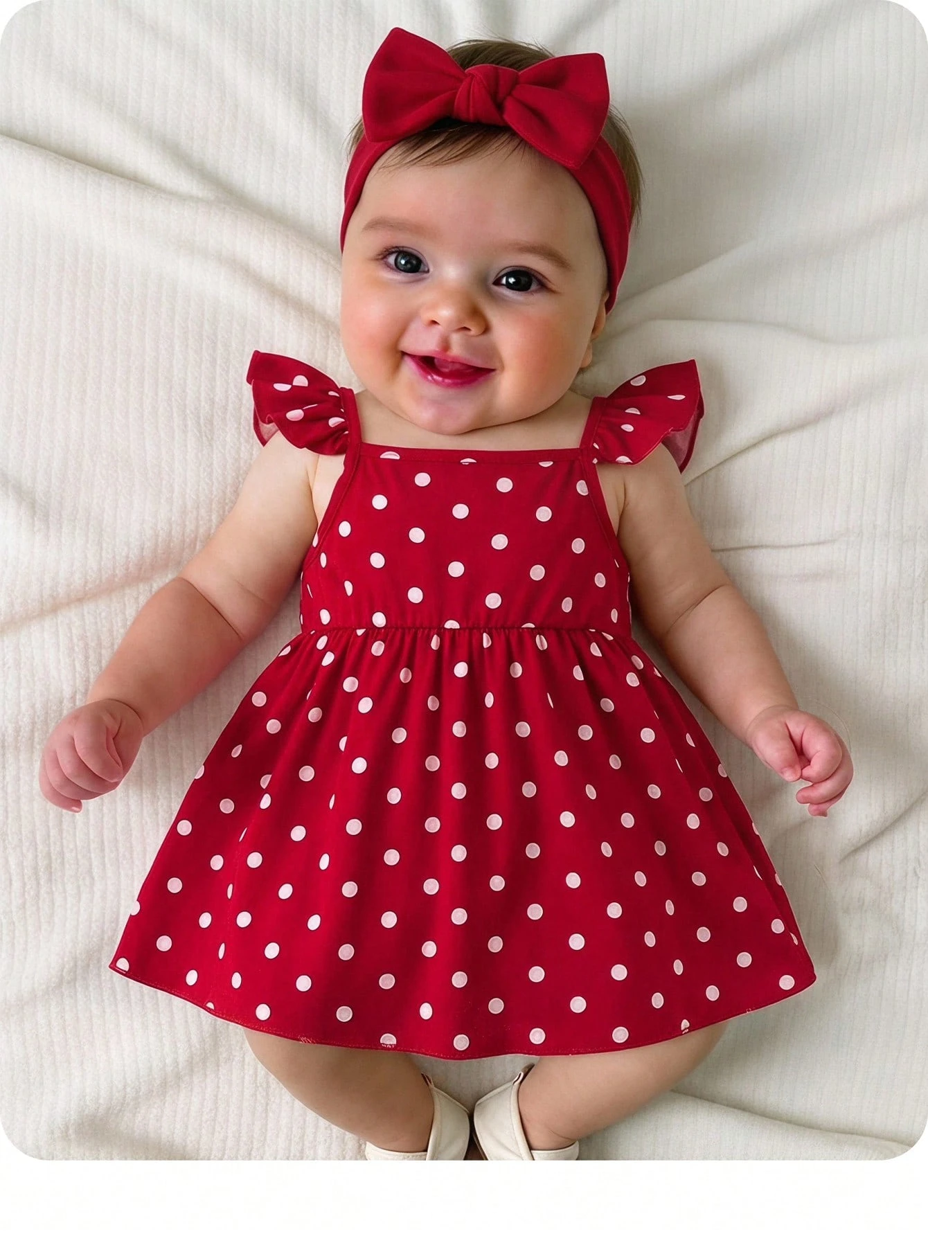 Robe décontractée de vacances mignonne à pois rouges avec manches volantées pour