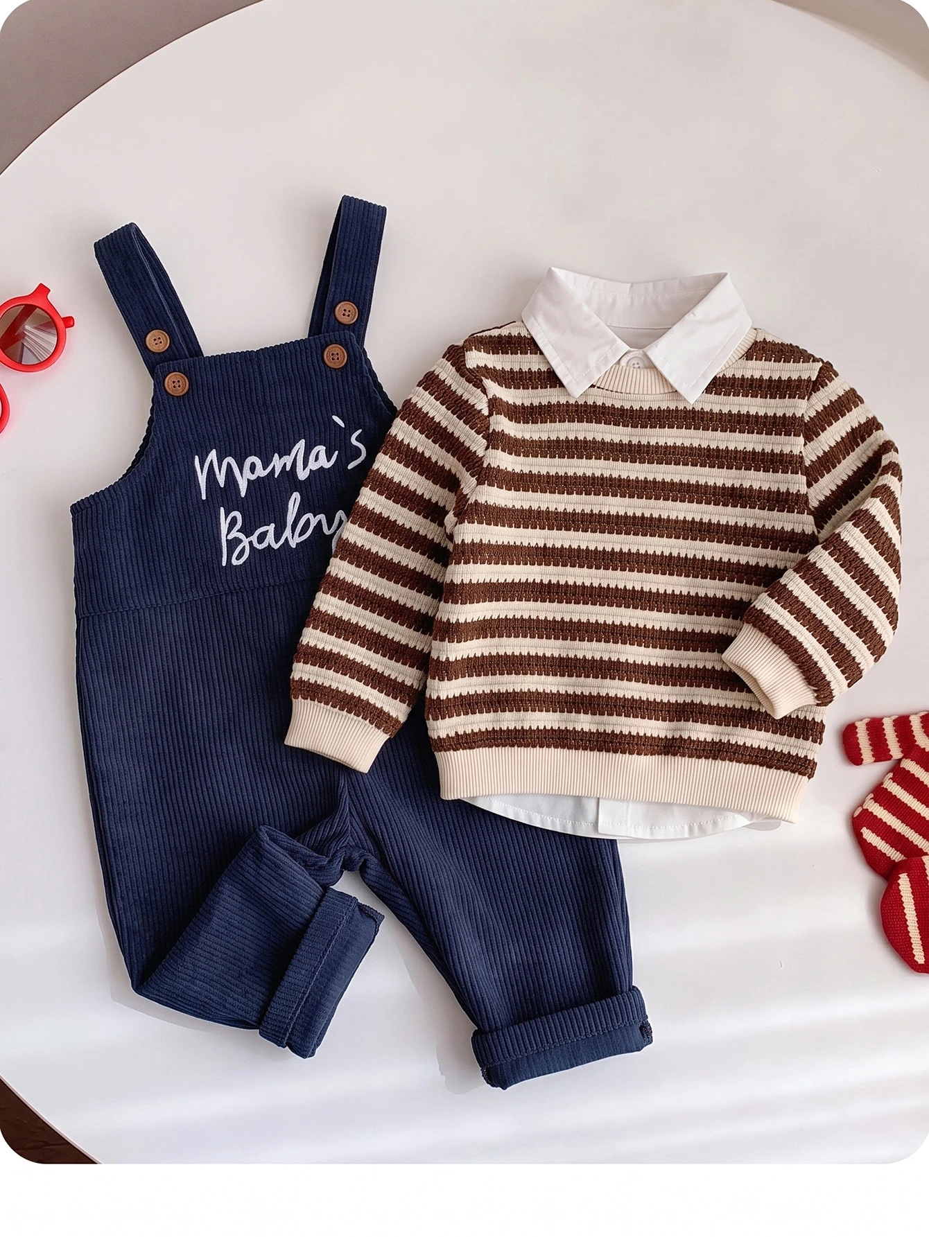 2 pièces/Set Salopette bébé de couleur unie doublée thermique, tenues décontractées — vue 5