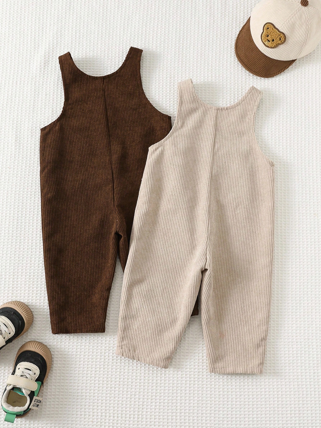 2 pièces/Set Salopette bébé de couleur unie doublée thermique, tenues décontractées — vue 6
