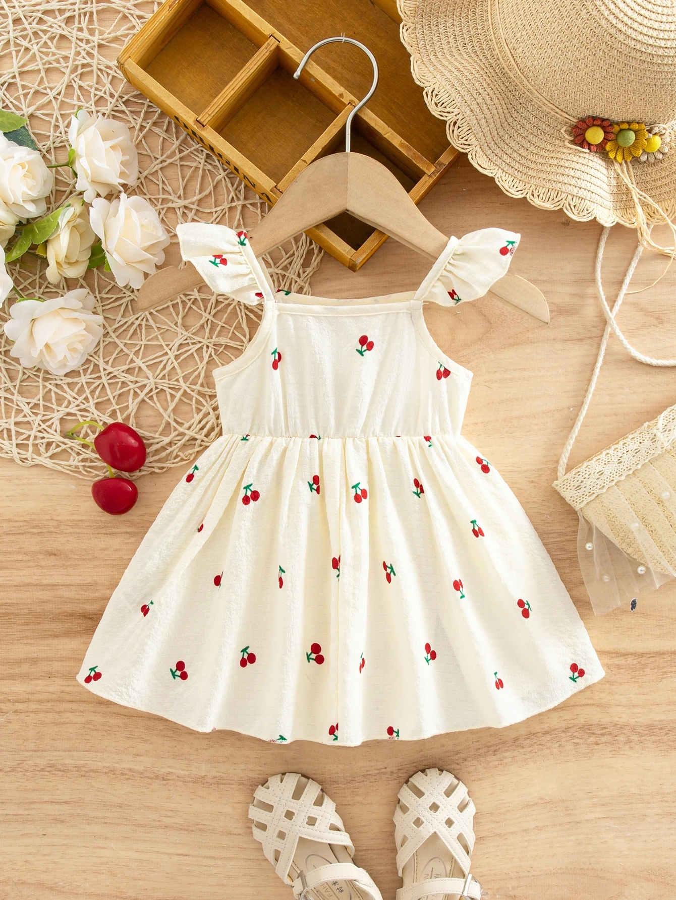Robe décontractée de vacances mignonne à pois rouges avec manches volantées pour — vue 7
