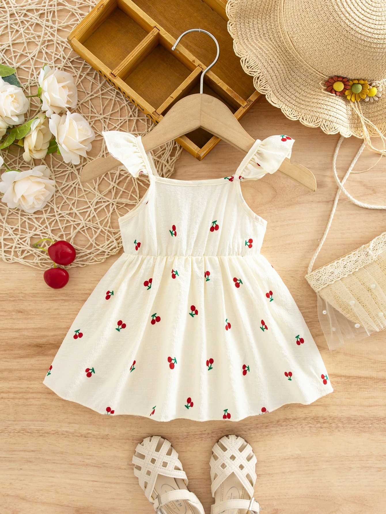 Robe décontractée de vacances mignonne à pois rouges avec manches volantées pour — vue 11