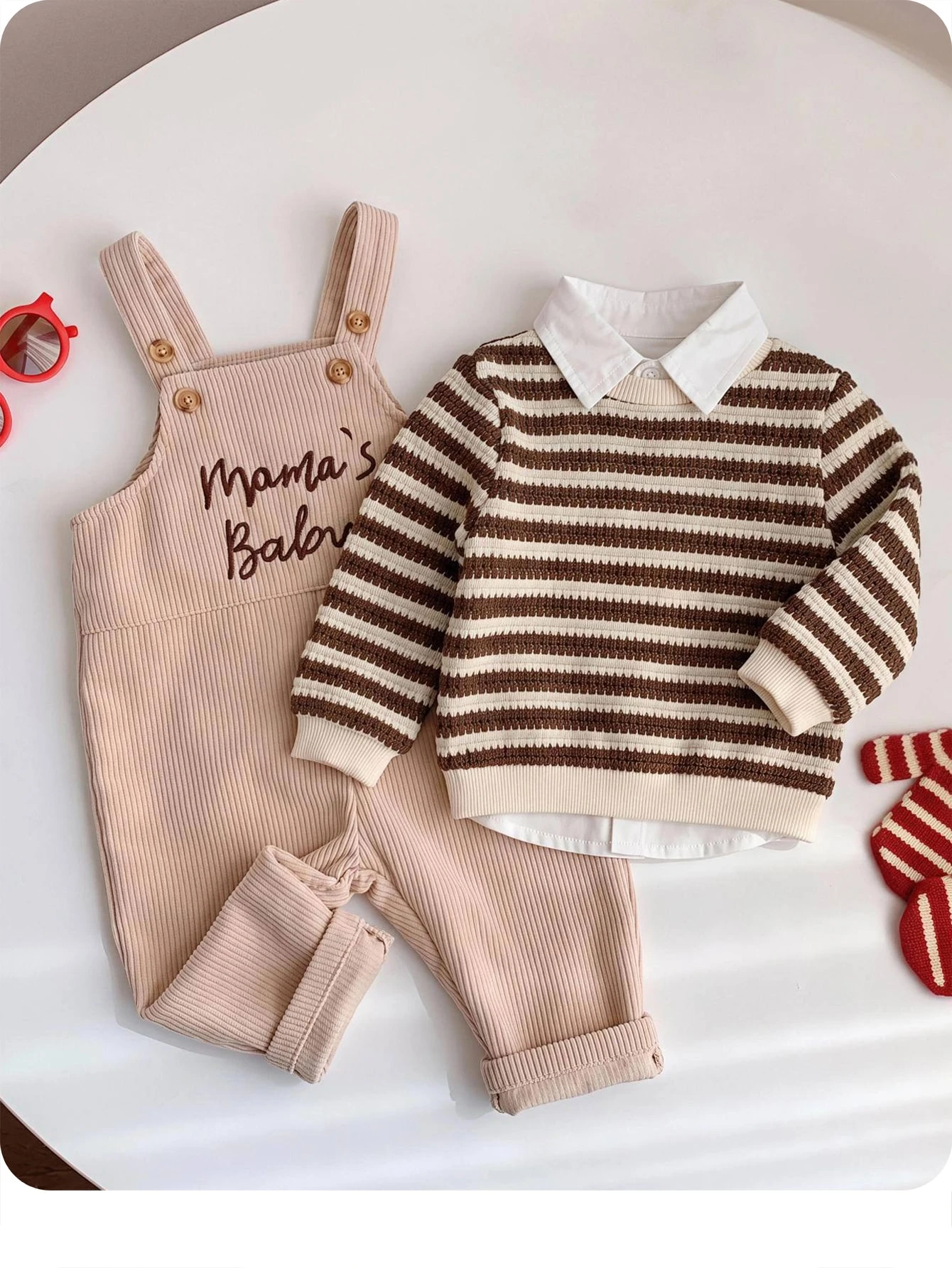 2 pièces/Set Salopette bébé de couleur unie doublée thermique, tenues décontractées — vue 9
