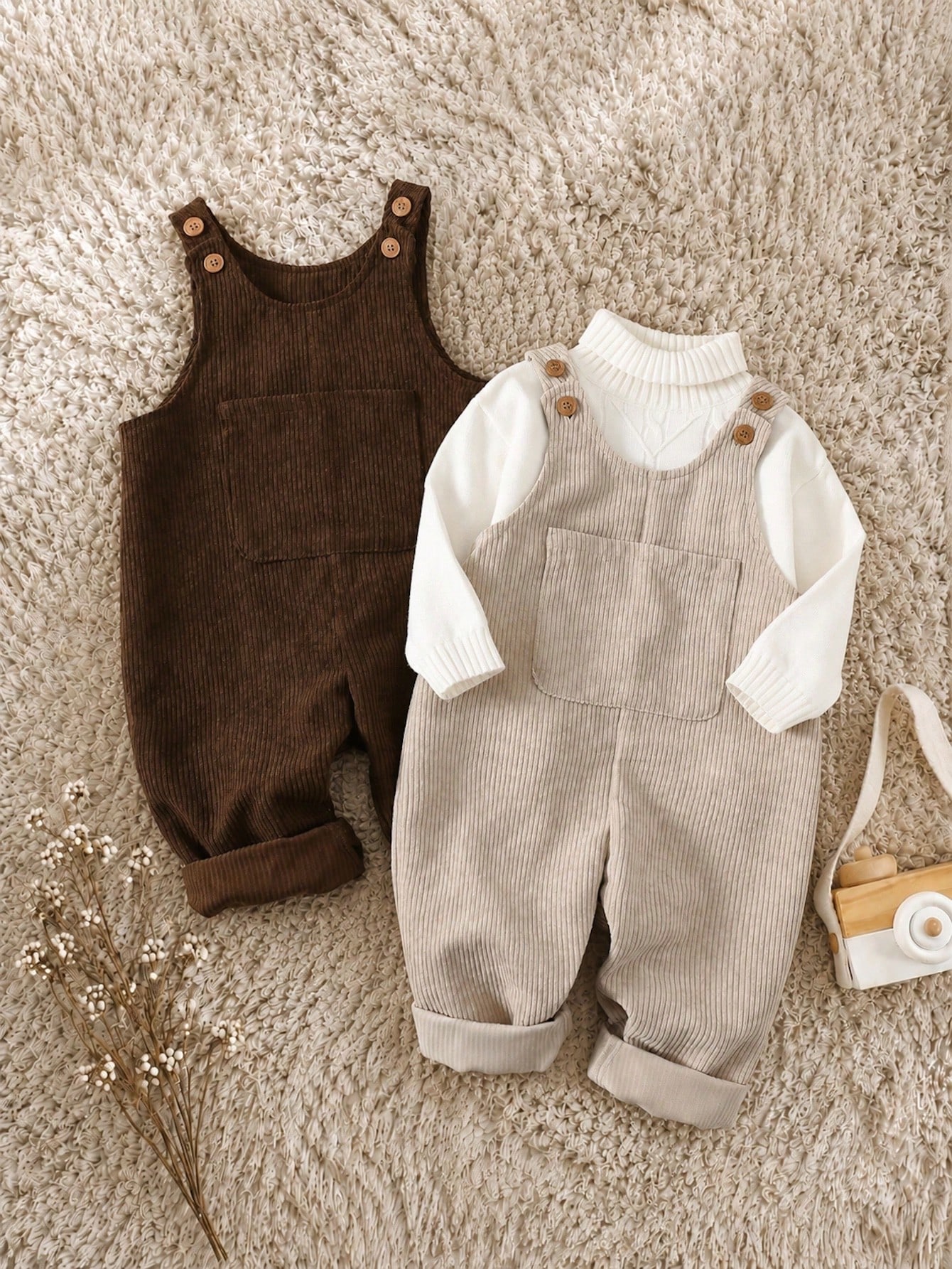 2 pièces/Set Salopette bébé de couleur unie doublée thermique, tenues décontractées — vue 11