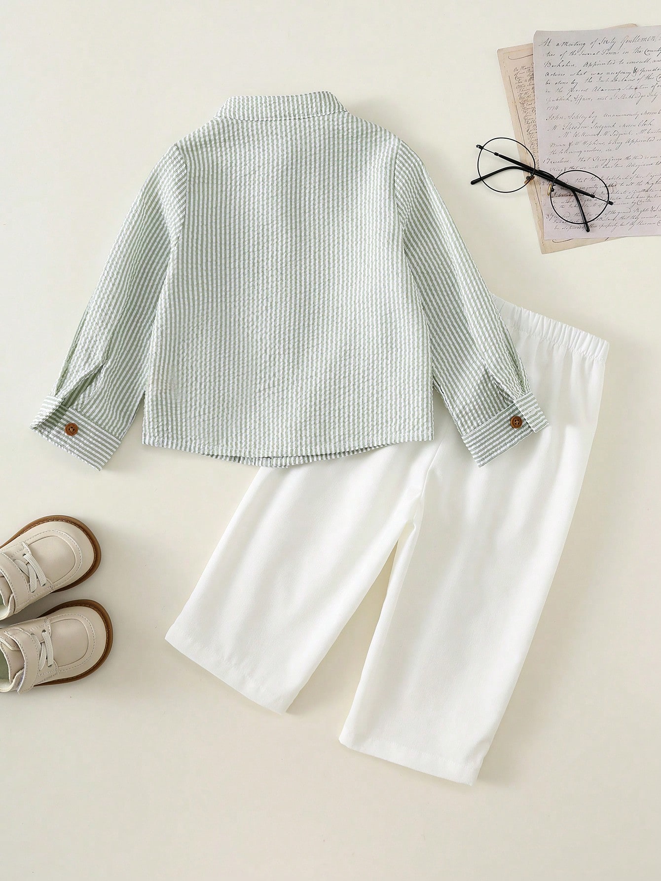 Ensemble de chemise à rayures vertes à manches longues et col chemise + pantalon long — vue 4