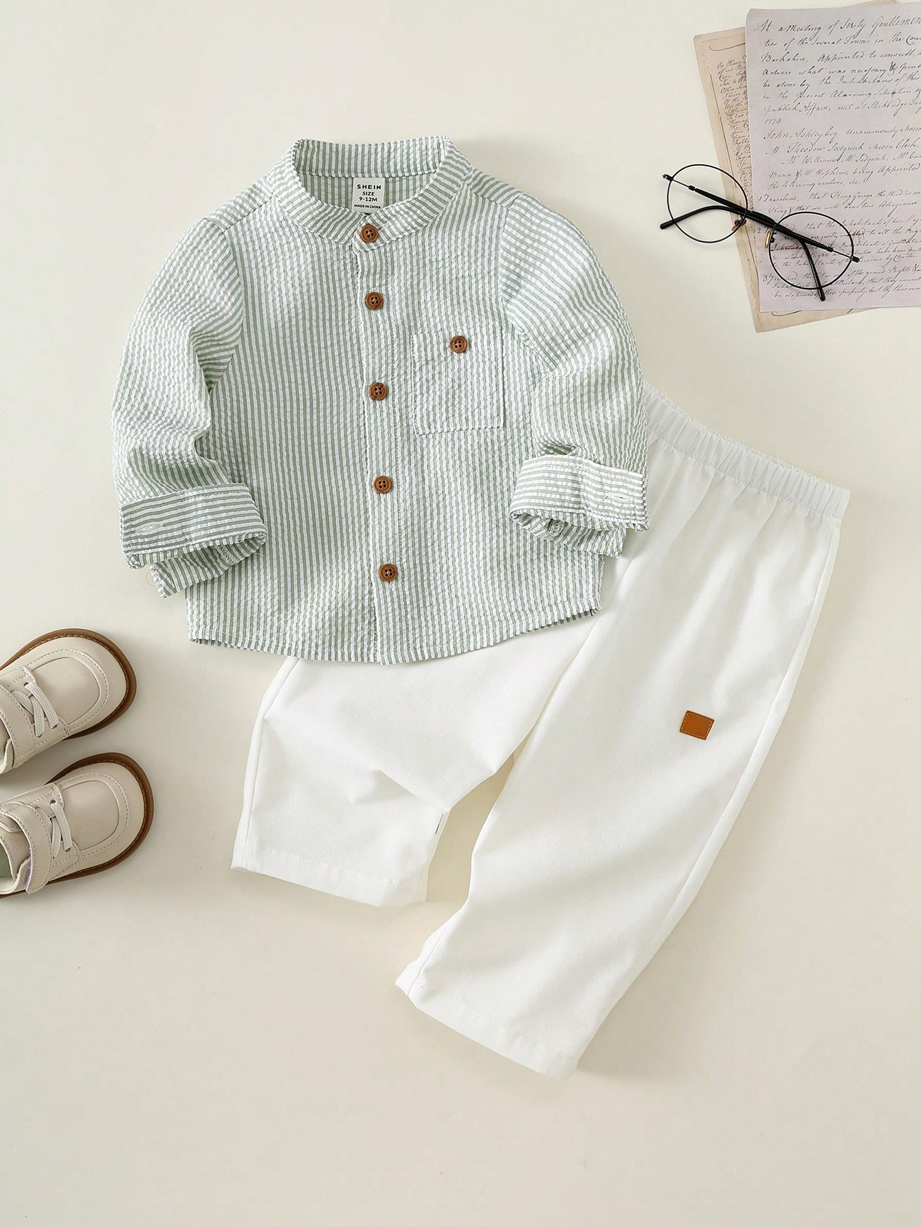 Ensemble de chemise à rayures vertes à manches longues et col chemise + pantalon long