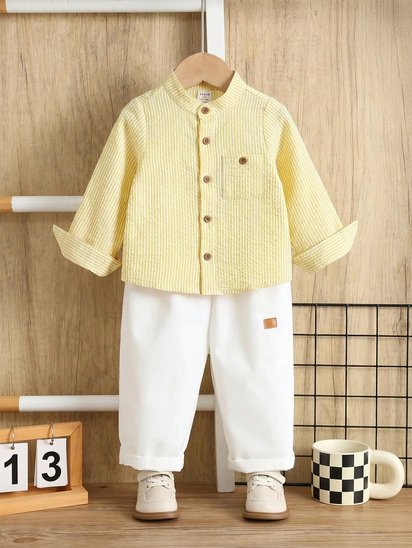 Ensemble de chemise à rayures vertes à manches longues et col chemise + pantalon long — vue 3