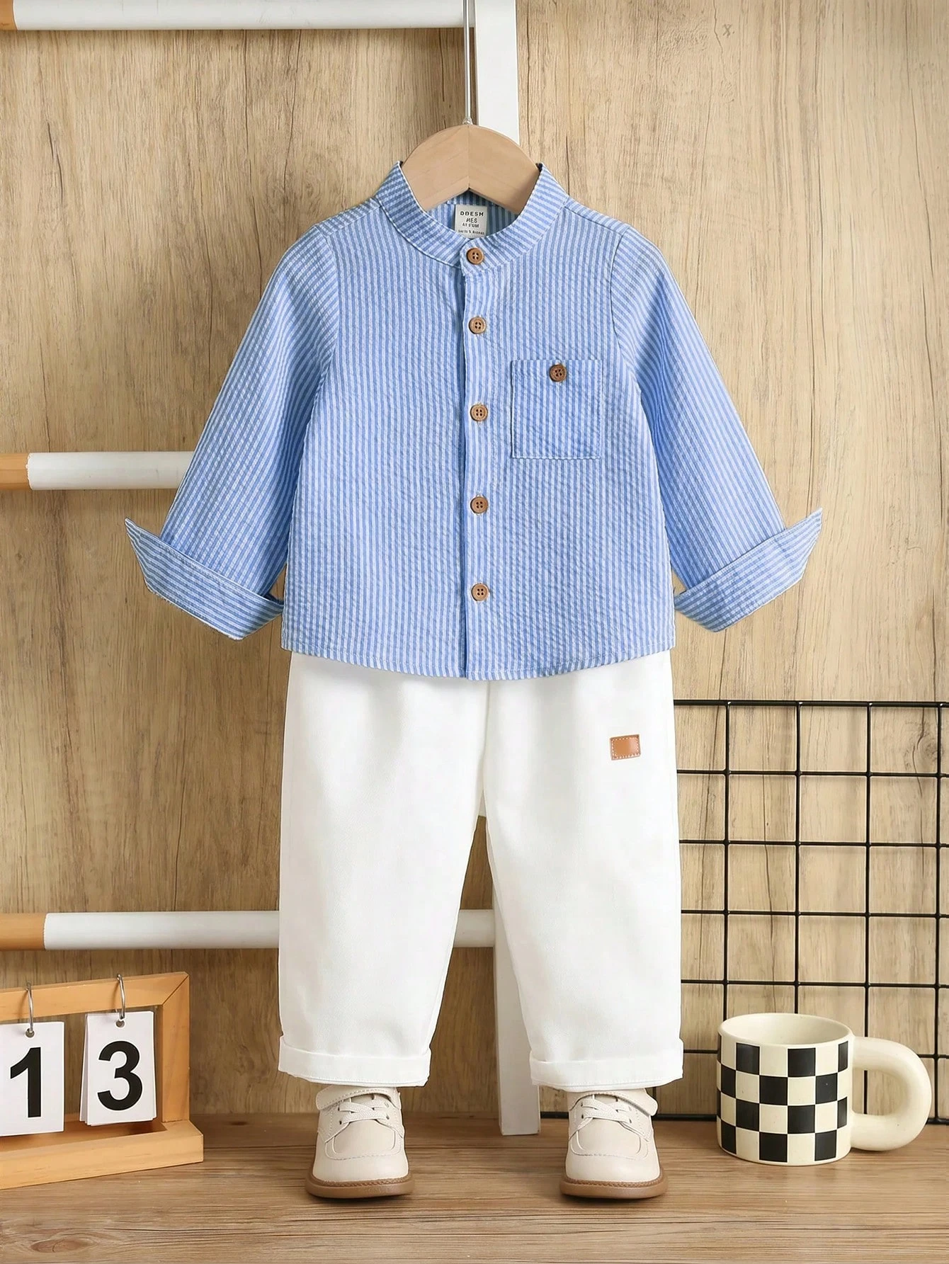 Ensemble de chemise à rayures vertes à manches longues et col chemise + pantalon long — vue 5