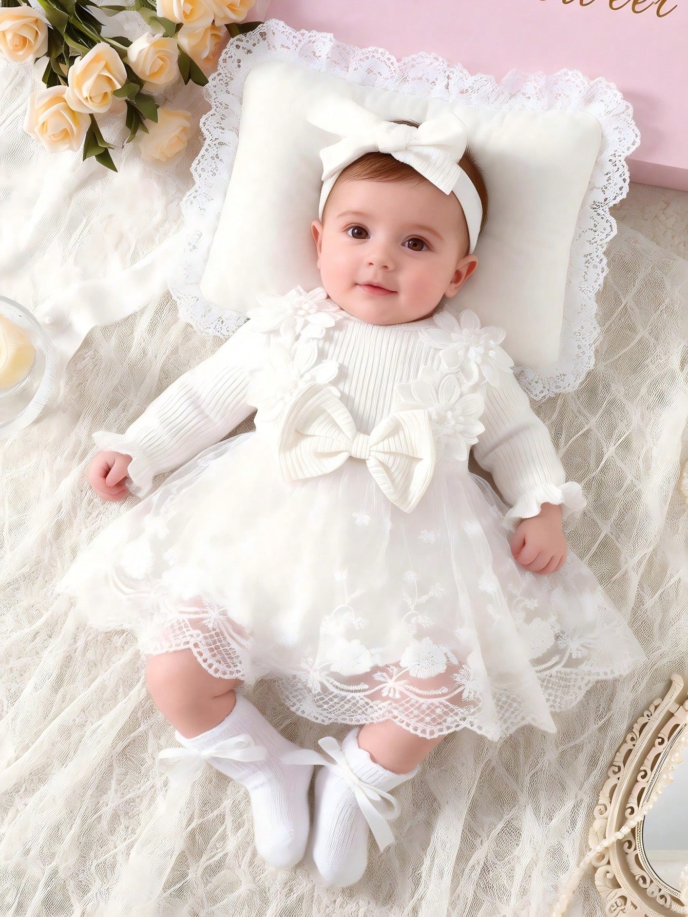 Ensemble 2 pièces robe & bandeau pour bébé fille nouveau-né, blanc, broderie rayée