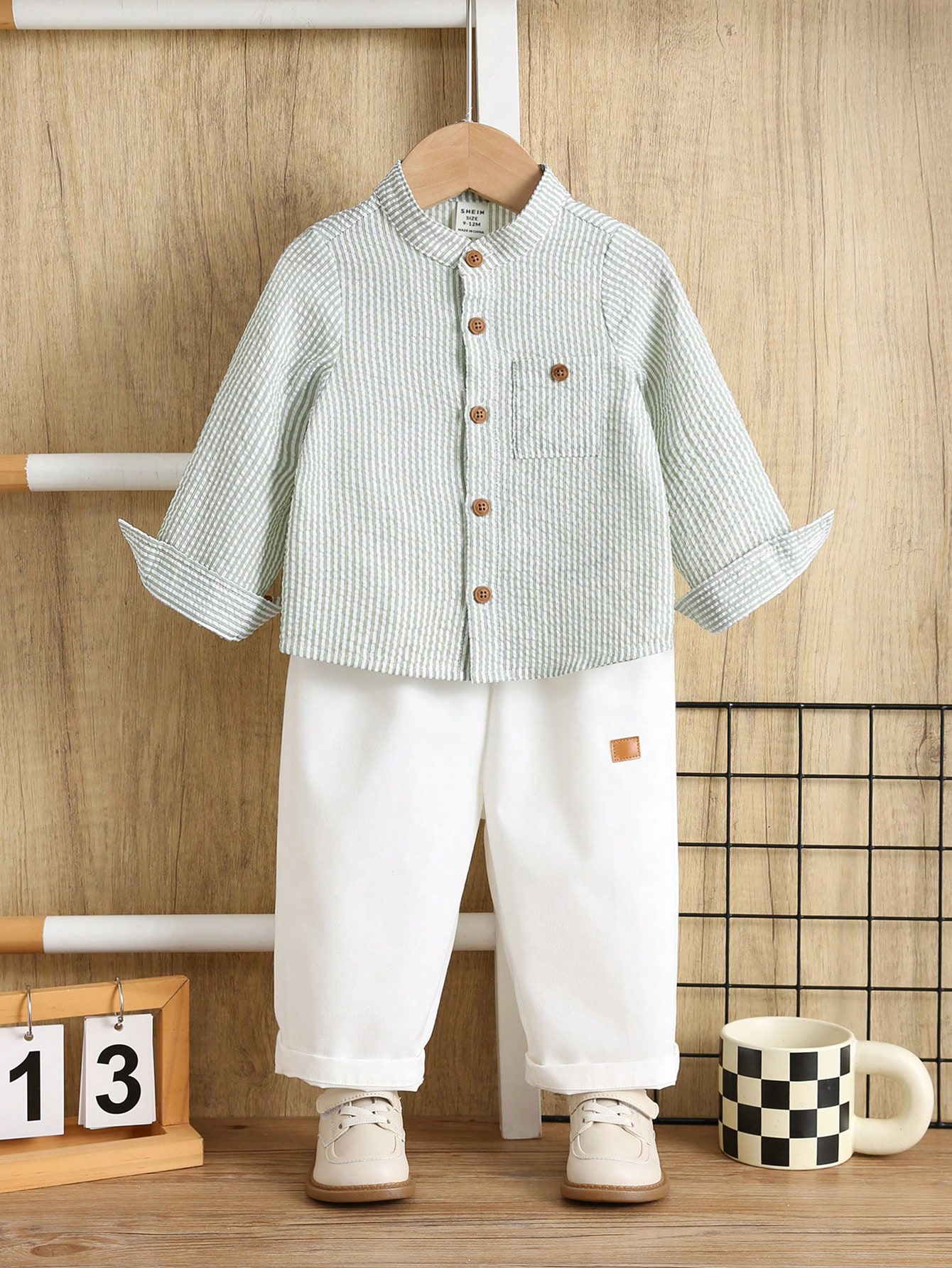 Ensemble de chemise à rayures vertes à manches longues et col chemise + pantalon long — vue 7