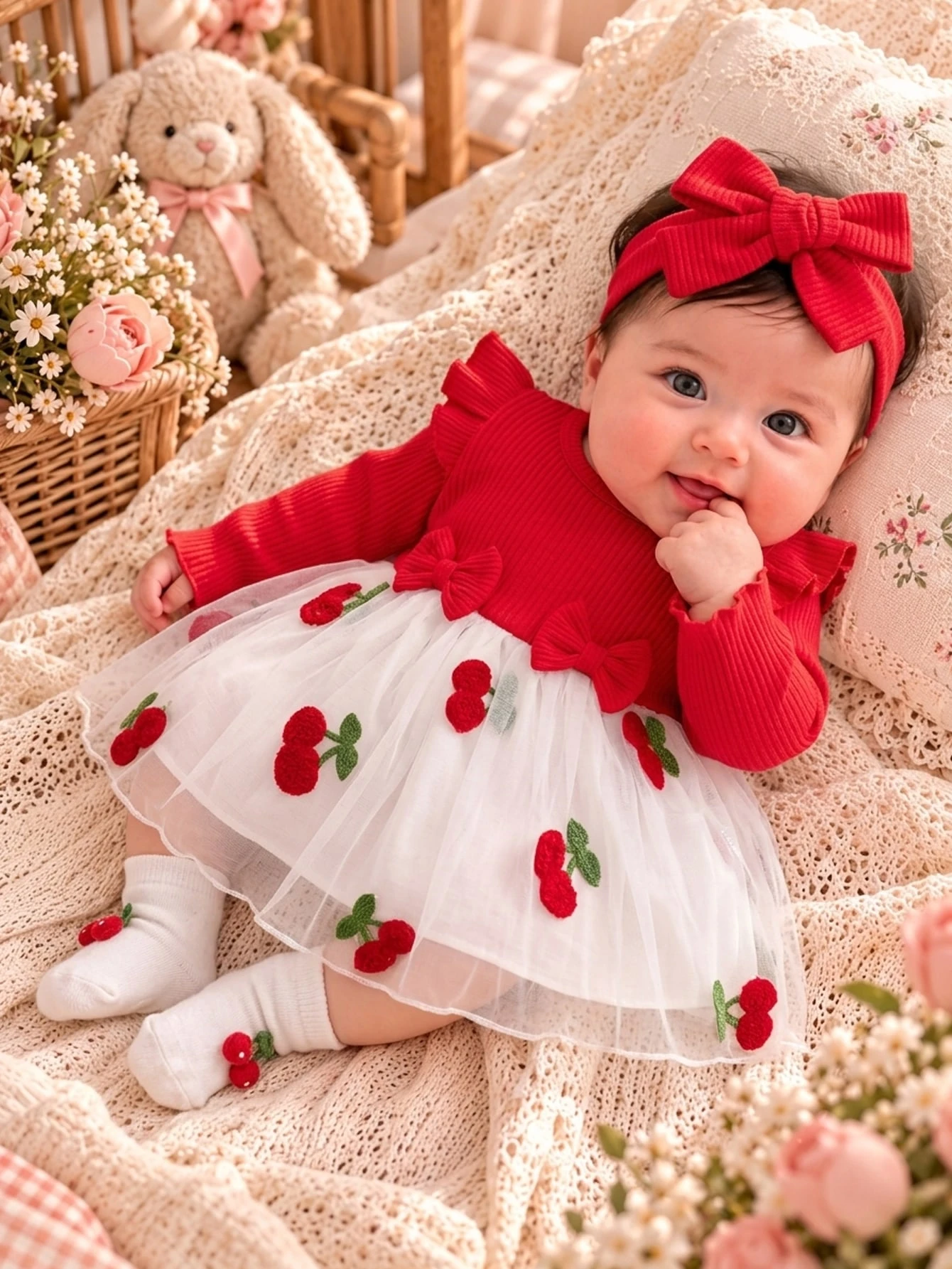 Ensemble 2 pièces robe & bandeau pour bébé fille nouveau-né, blanc, broderie rayée — vue 8