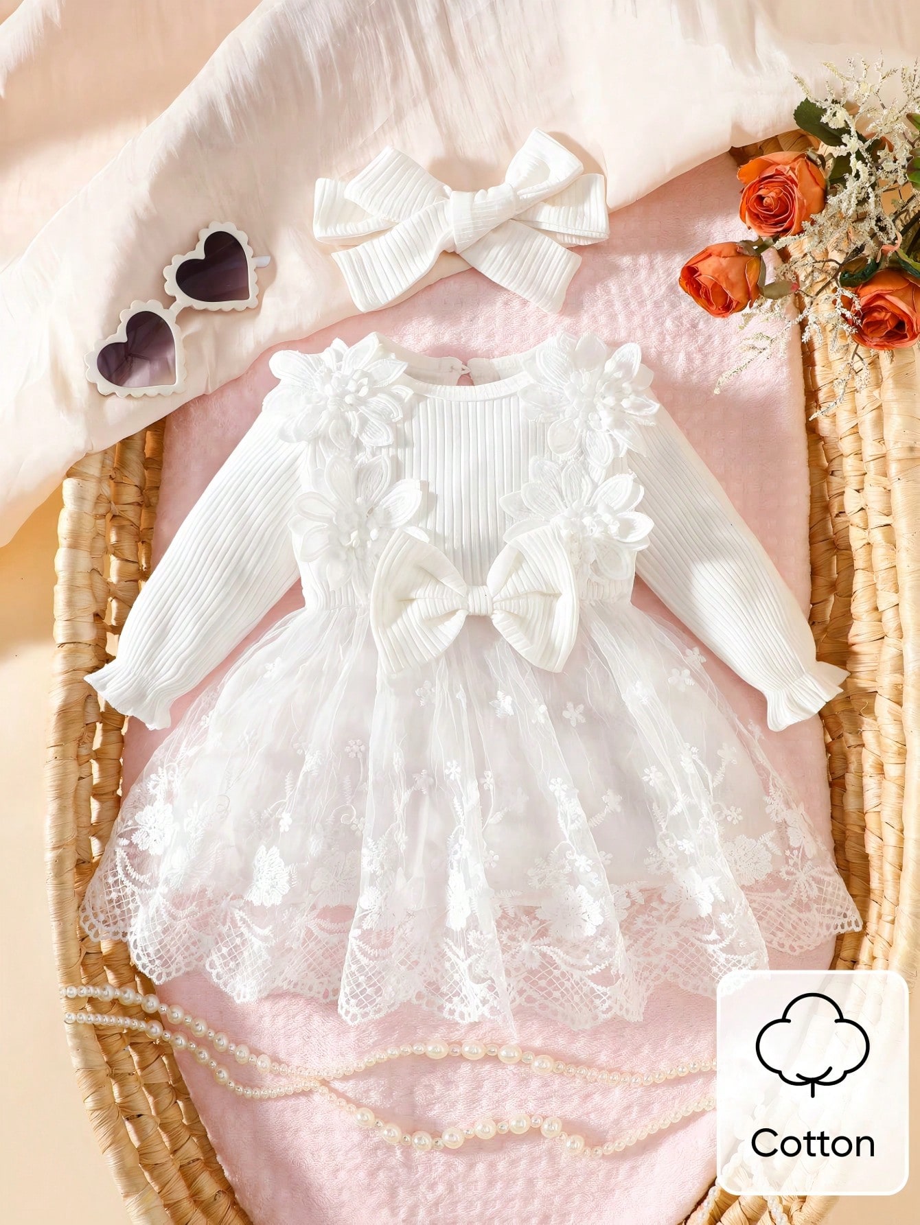 Ensemble 2 pièces robe & bandeau pour bébé fille nouveau-né, blanc, broderie rayée — vue 12