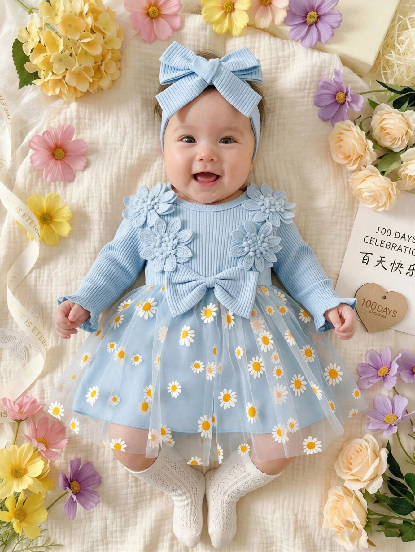 Ensemble 2 pièces robe & bandeau pour bébé fille nouveau-né, blanc, broderie rayée — vue 10