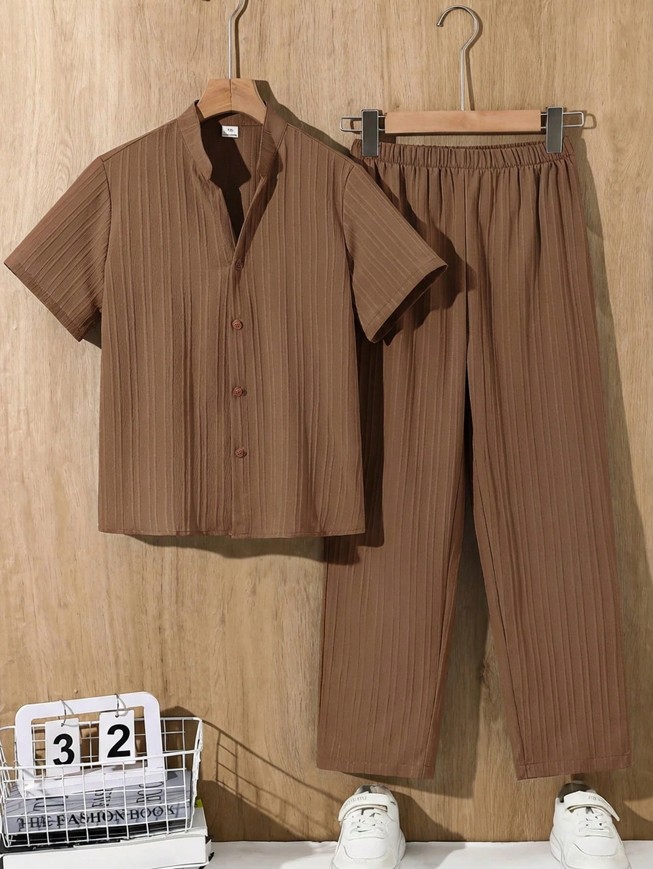 2 pièces/Set Chemise à manches courtes et pantalon en tissu unicolore décontracté — vue 3