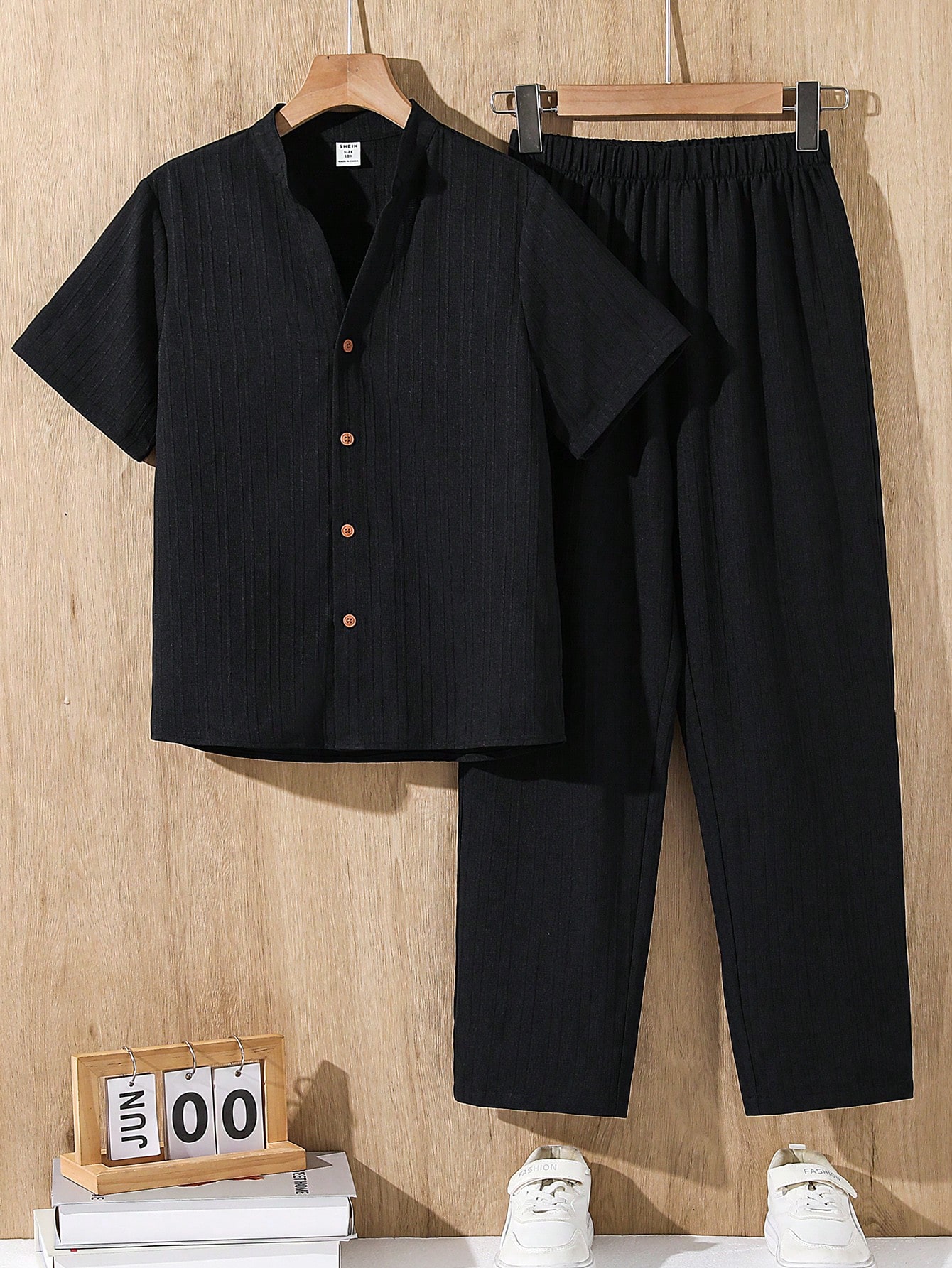 2 pièces/Set Chemise à manches courtes et pantalon en tissu unicolore décontracté — vue 2