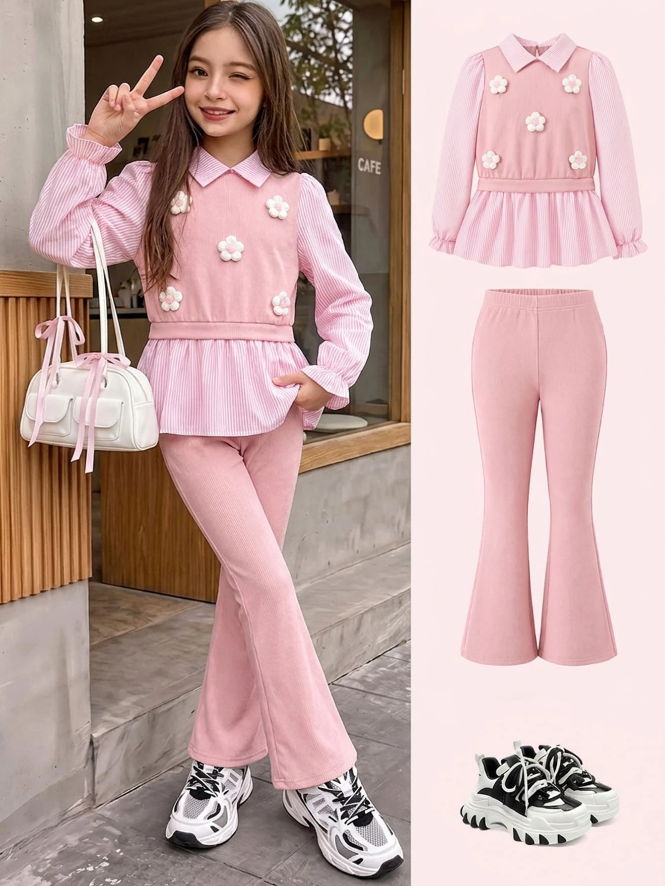 Ensemble de chemise décontractée et mignonne pour filles, Top blanc à manches longues — vue 5