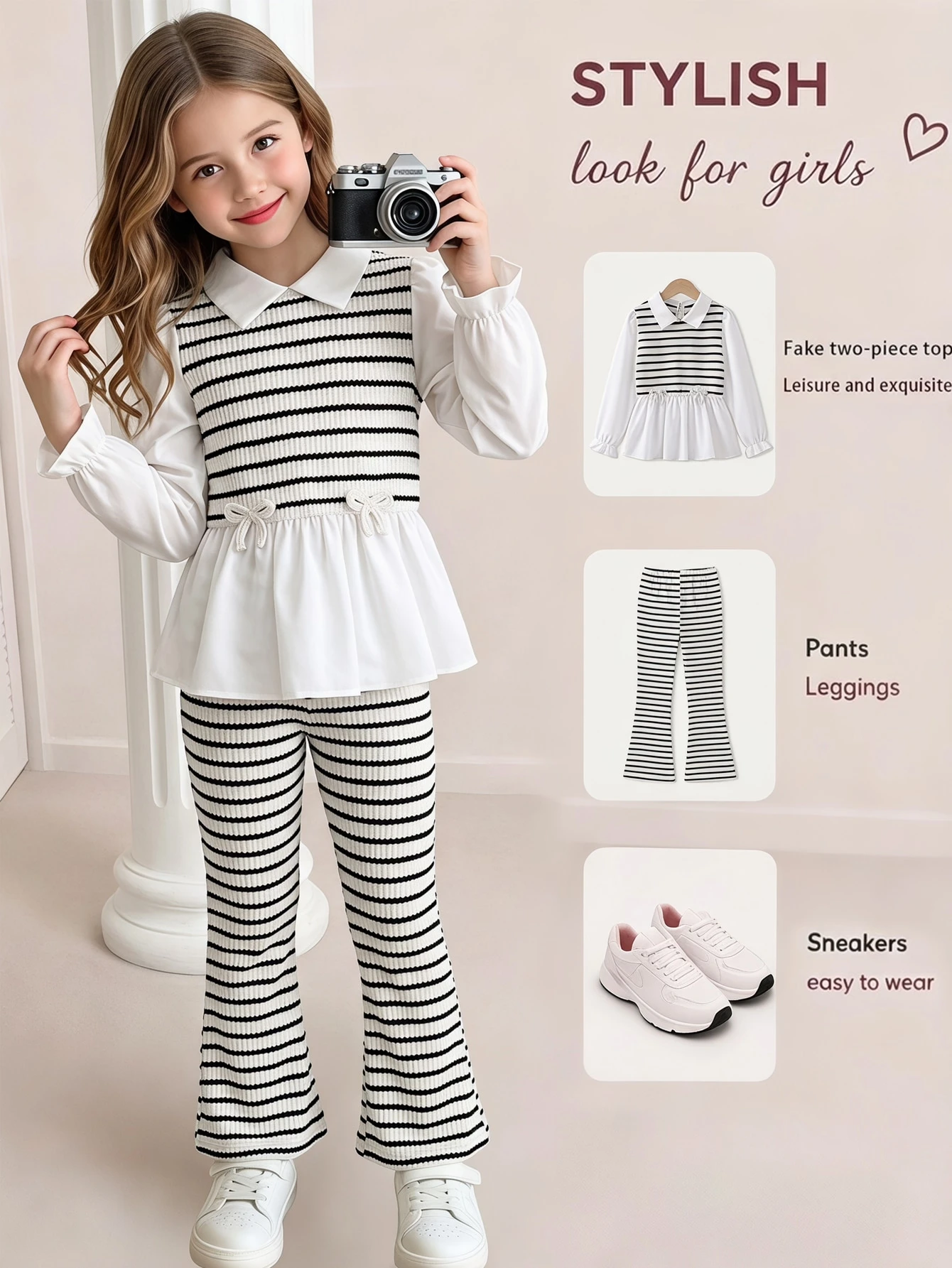 Ensemble de chemise décontractée et mignonne pour filles, Top blanc à manches longues — vue 6