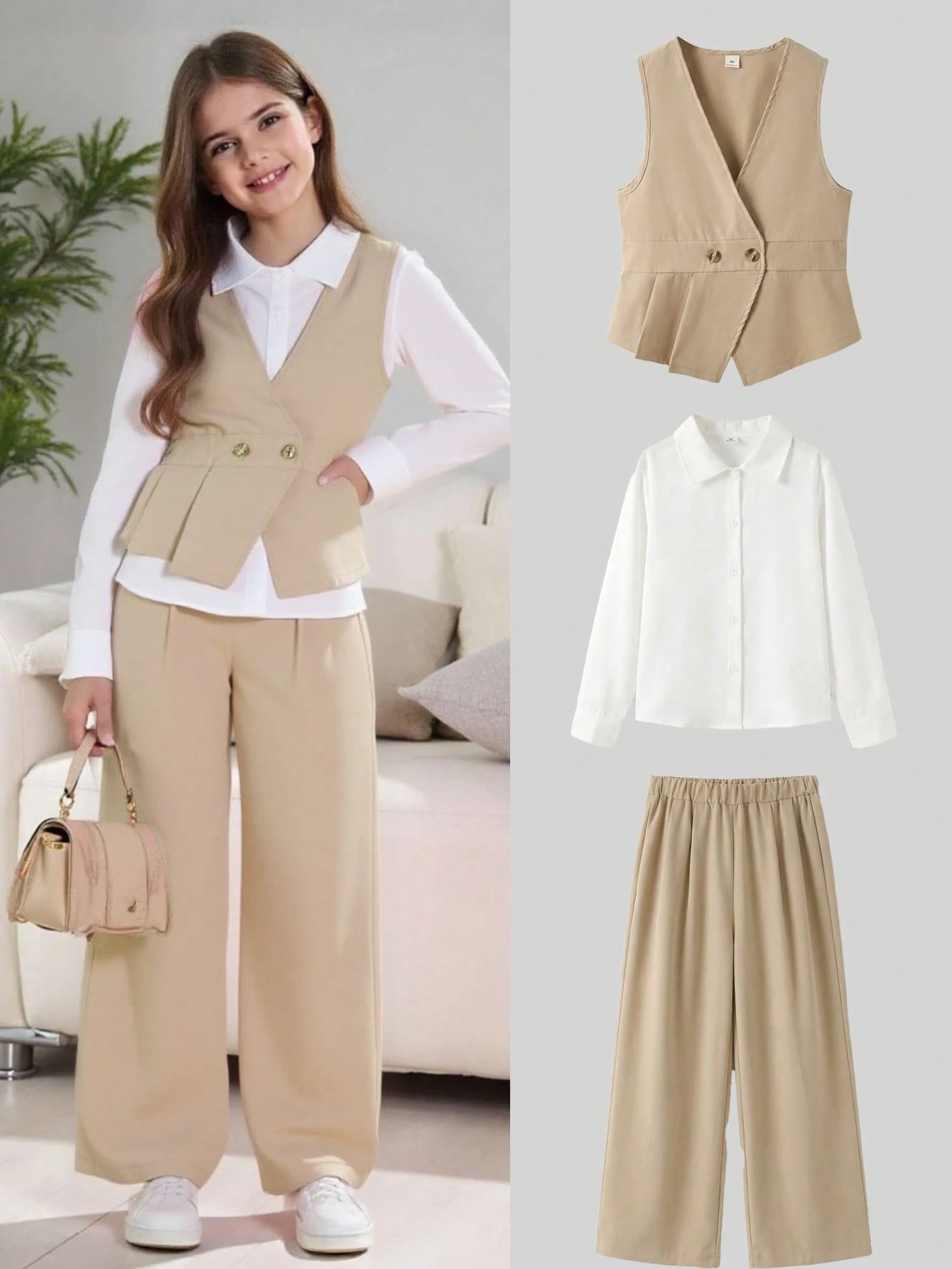 Ensemble de 3 pièces pour filles préadolescentes, tenue automnale mignonne de style