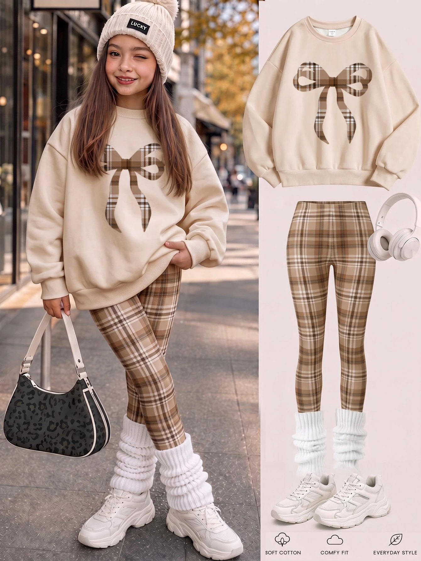 Ensemble Sweat-shirt-shirt et legging pour fille pré-ado, kaki, hiver, assorti,