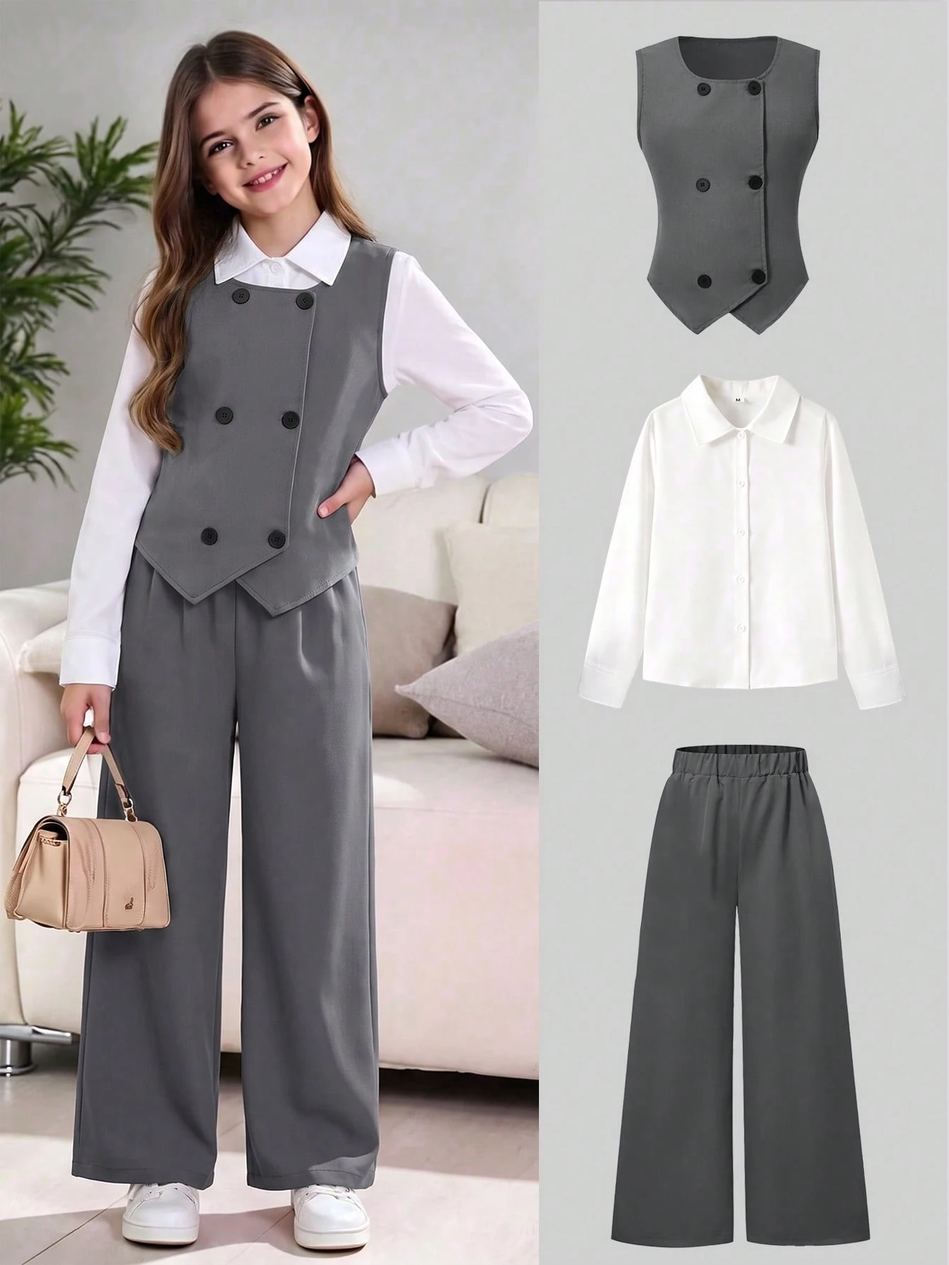 Ensemble de 3 pièces pour filles préadolescentes, tenue automnale mignonne de style — vue 6