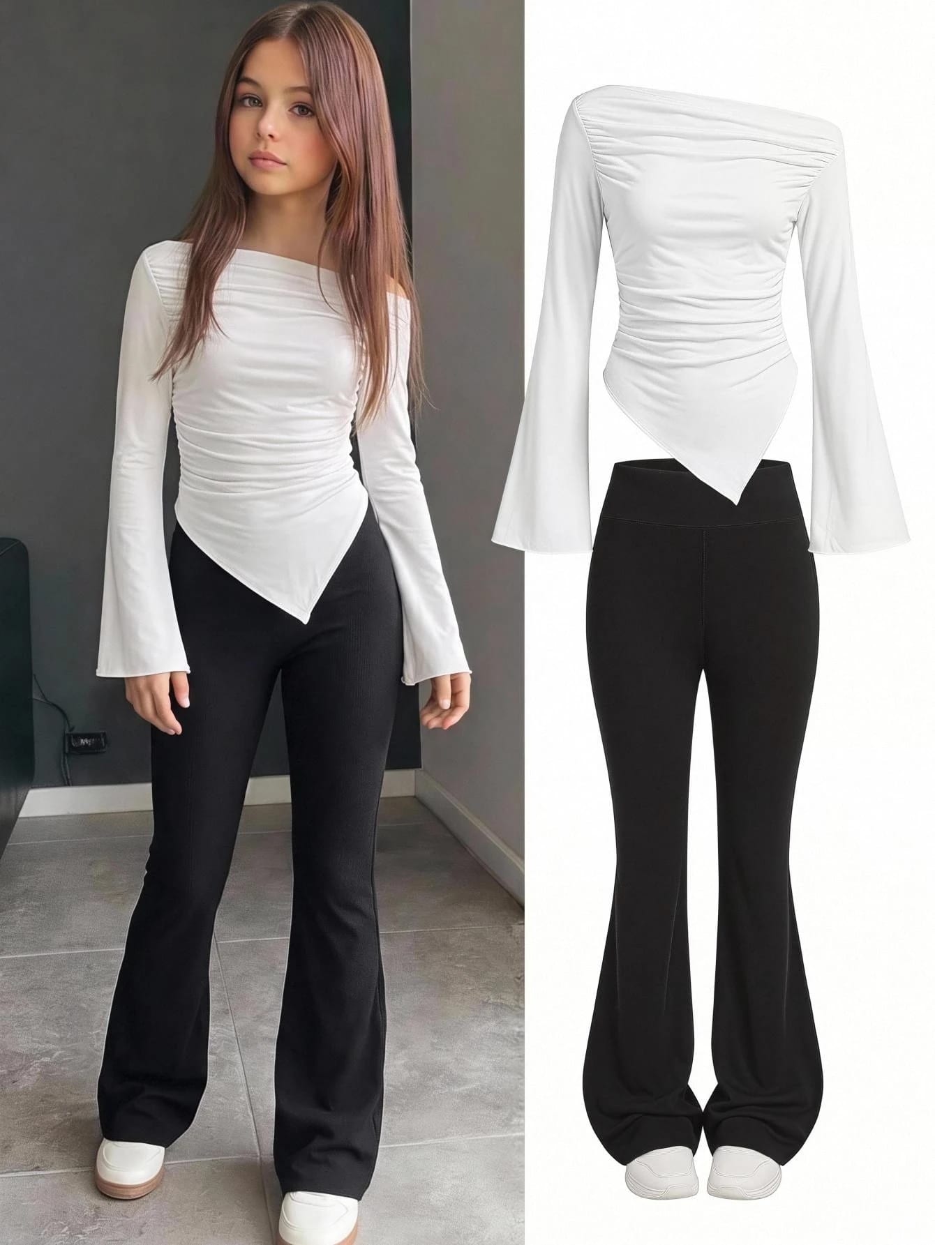 Ensemble 2 pièces décontracté noir & blanc pour filles préadolescentes, top ajusté en