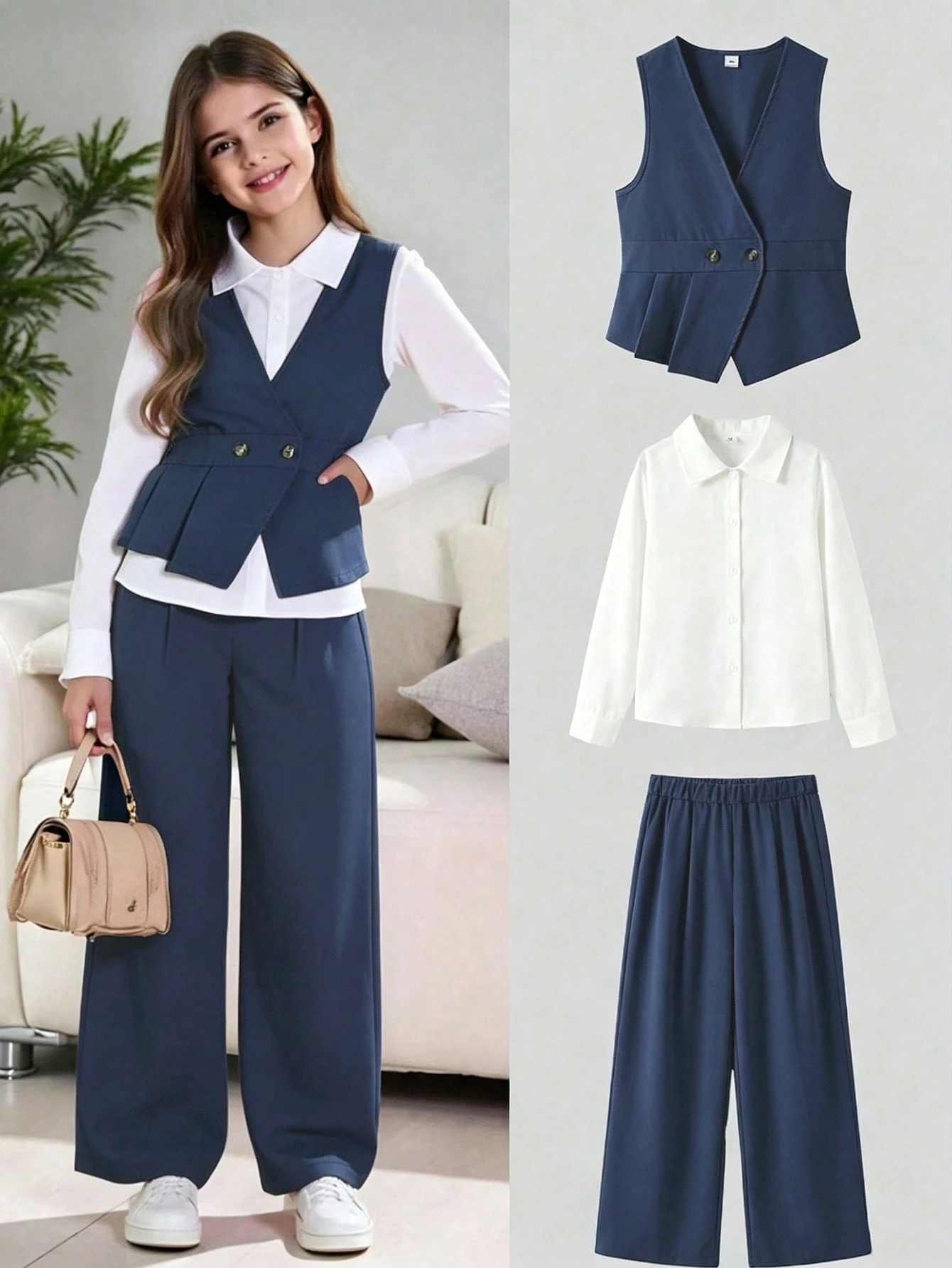 Ensemble de 3 pièces pour filles préadolescentes, tenue automnale mignonne de style — vue 10