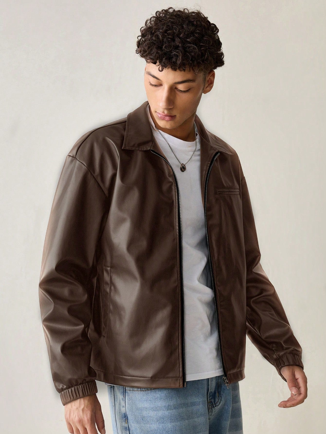 SWAVVY Veste zippée à manches longues en cuir PU ajustée, style décontracté mode tissée