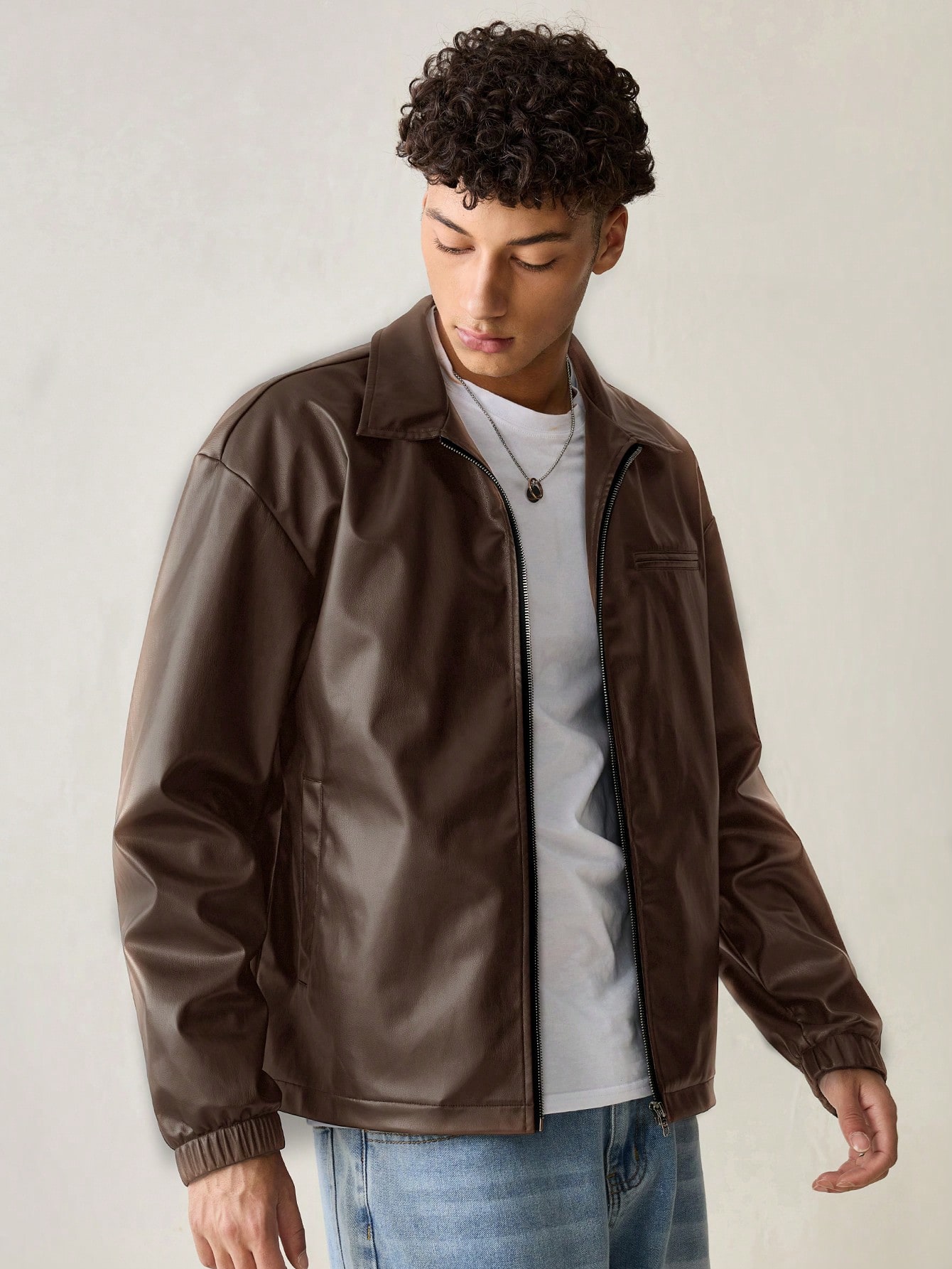 SWAVVY Veste zippée à manches longues en cuir PU ajustée, style décontracté mode tissée