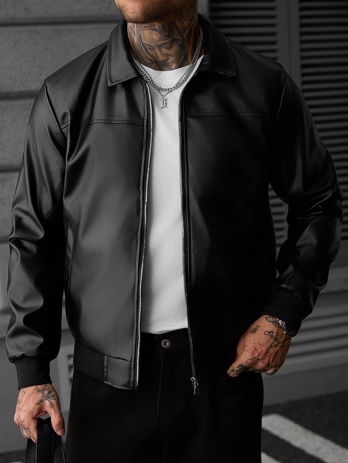 SLATEMANN Veste pour hommes à manches longues en matériau PU avec poches zippées