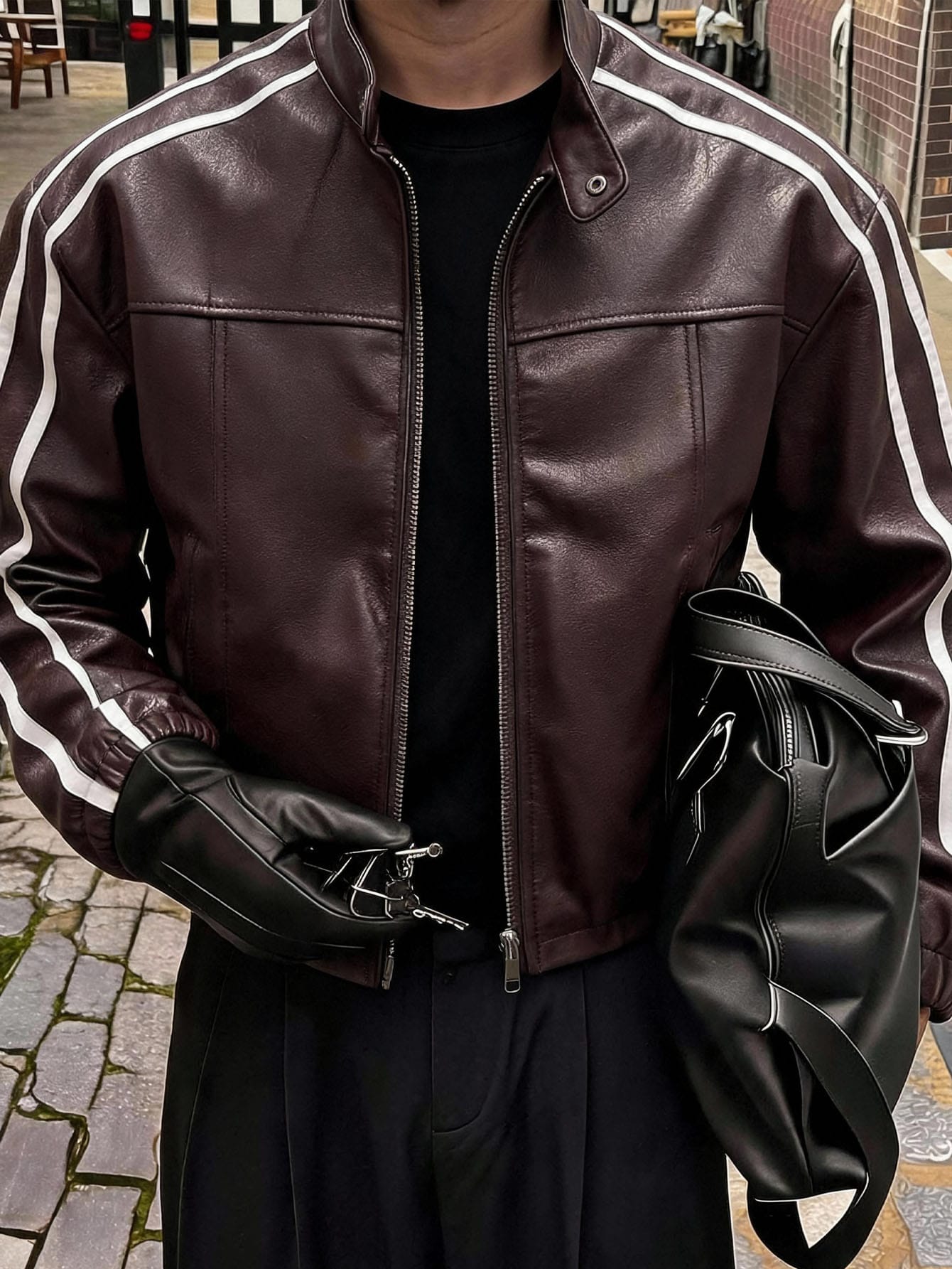 FeverCity Veste décontractée polyvalente de couleur unie en cuir PU pour hommes, pour un — vue 2
