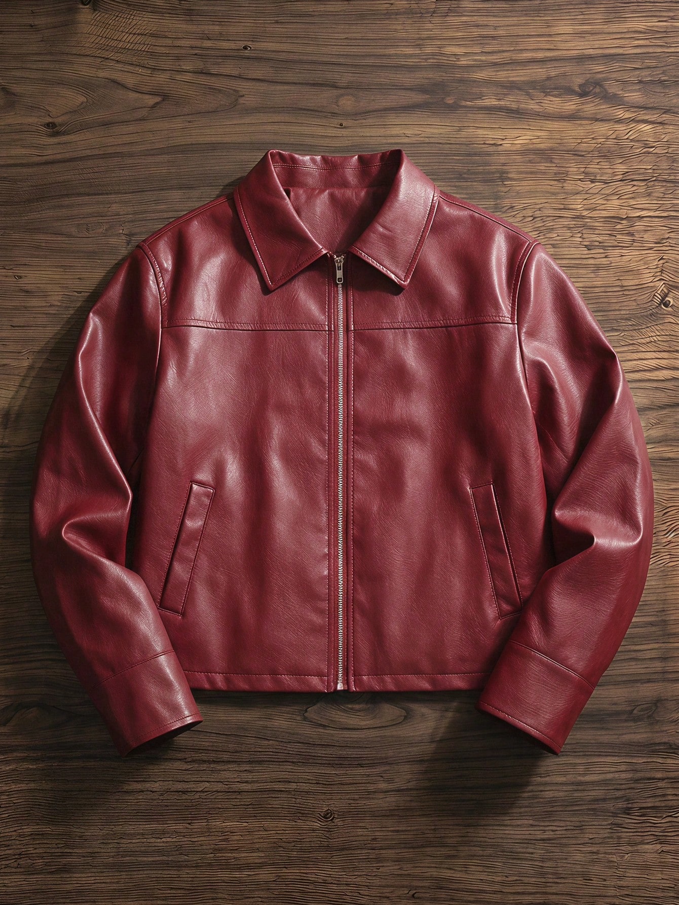 SWAVVY Veste zippée à manches longues en cuir PU ajustée, style décontracté mode tissée — vue 3