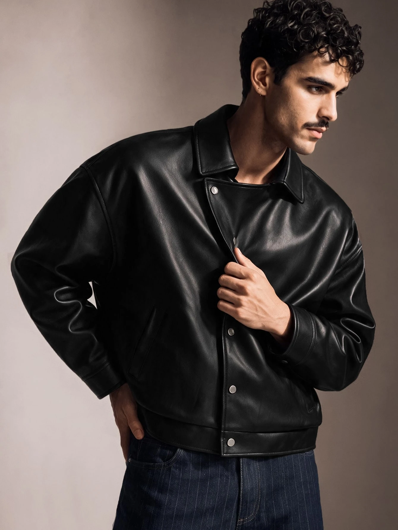 FeverCity Veste décontractée polyvalente de couleur unie en cuir PU pour hommes, pour un — vue 5