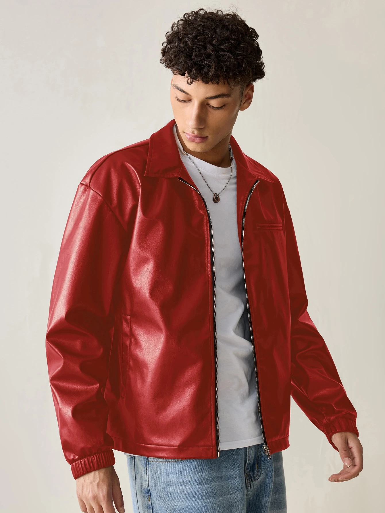 SWAVVY Veste zippée à manches longues en cuir PU ajustée, style décontracté mode tissée — vue 5