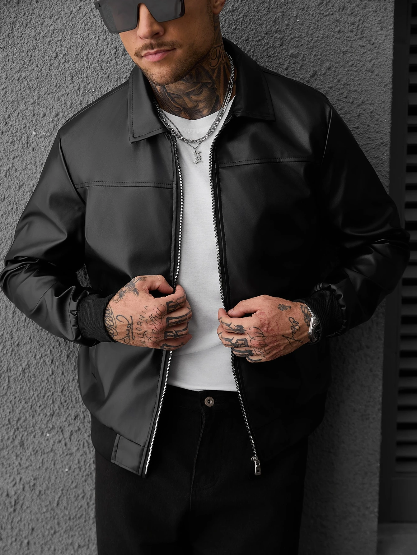 SLATEMANN Veste pour hommes à manches longues en matériau PU avec poches zippées — vue 4