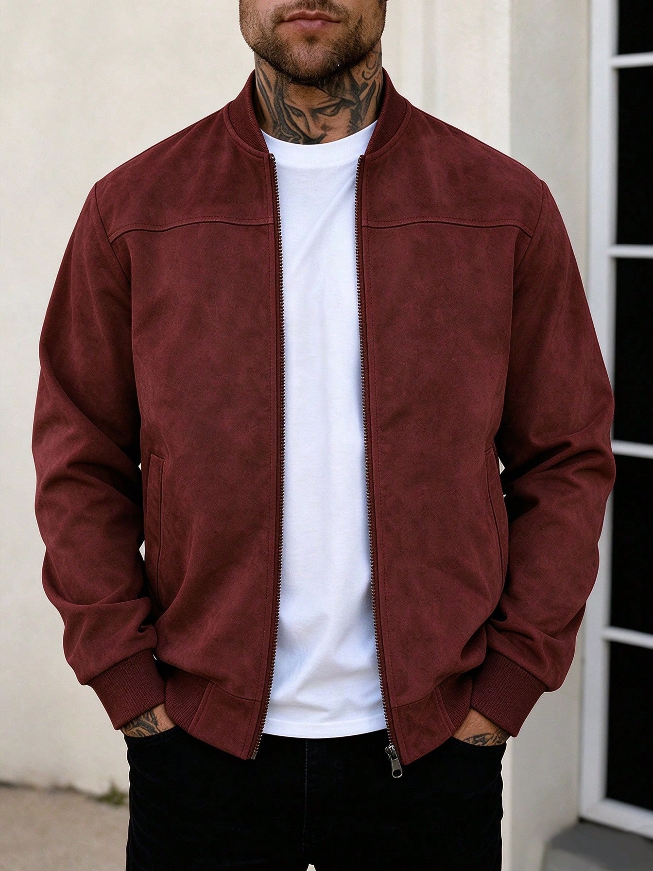 Veste de vol en suède polaire légère de couleur unie pour hommes, col montant zippé