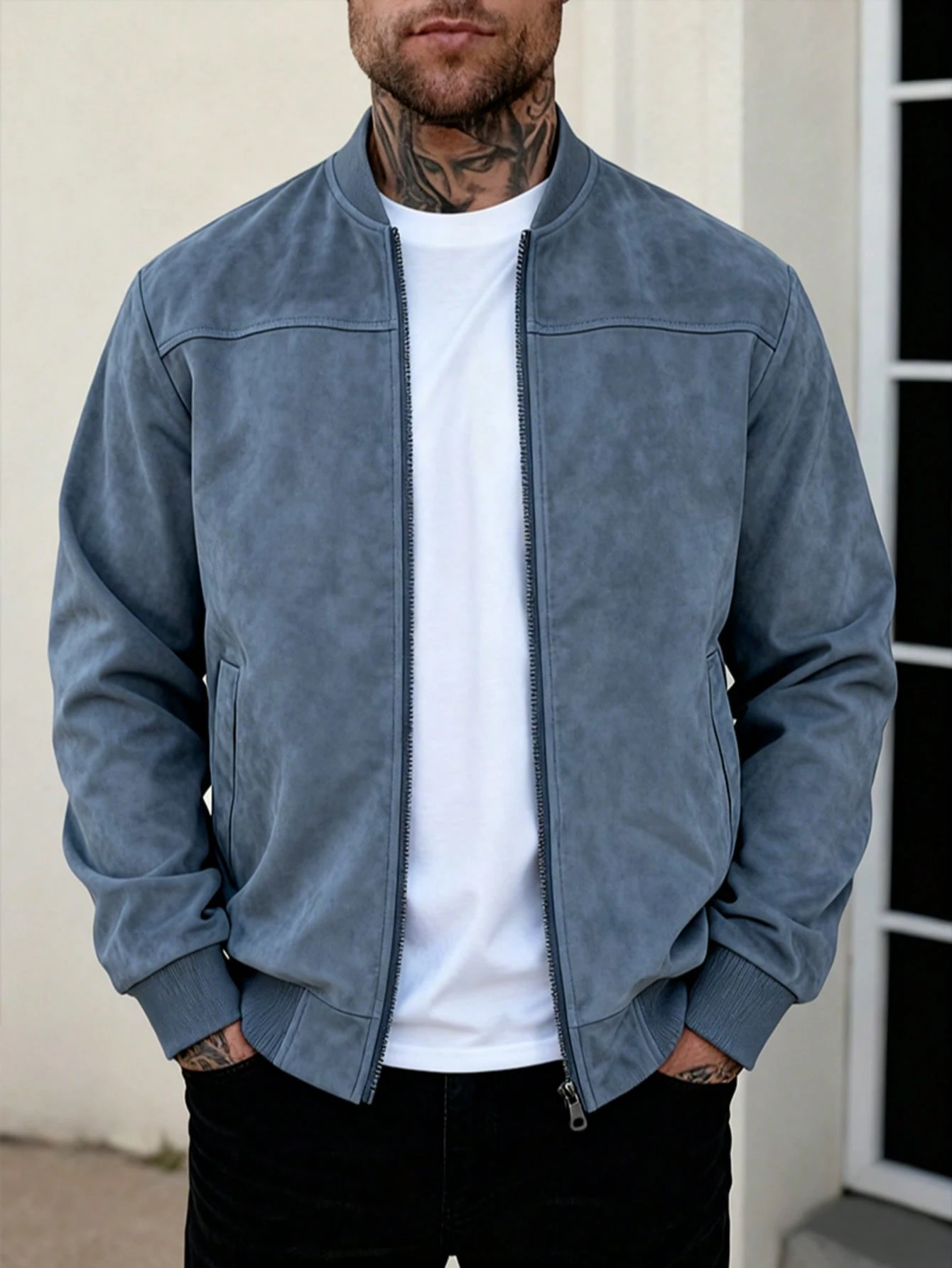 Veste de vol en suède polaire légère de couleur unie pour hommes, col montant zippé — vue 2