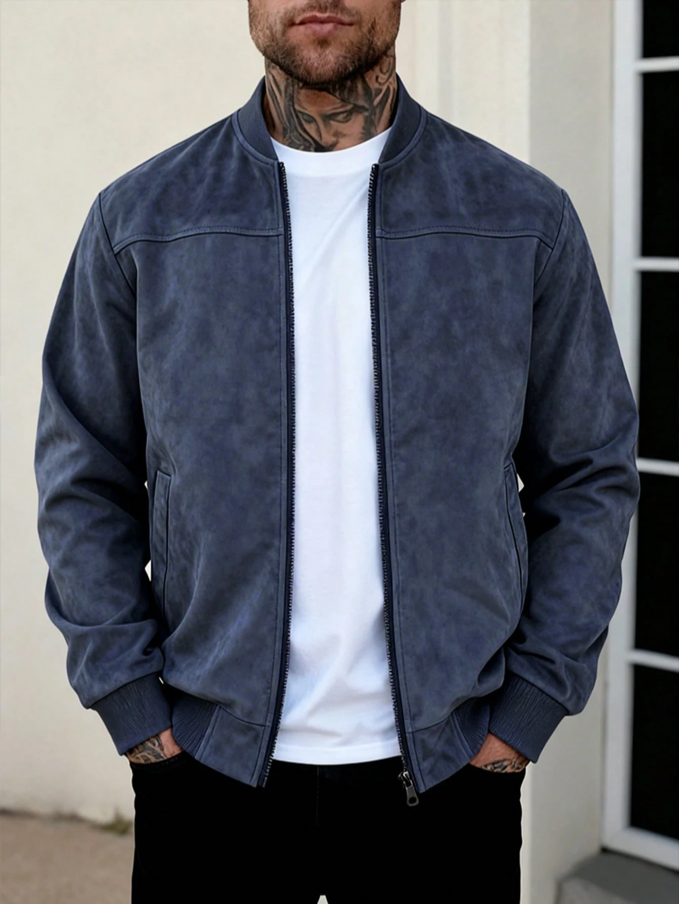 Veste de vol en suède polaire légère de couleur unie pour hommes, col montant zippé — vue 5
