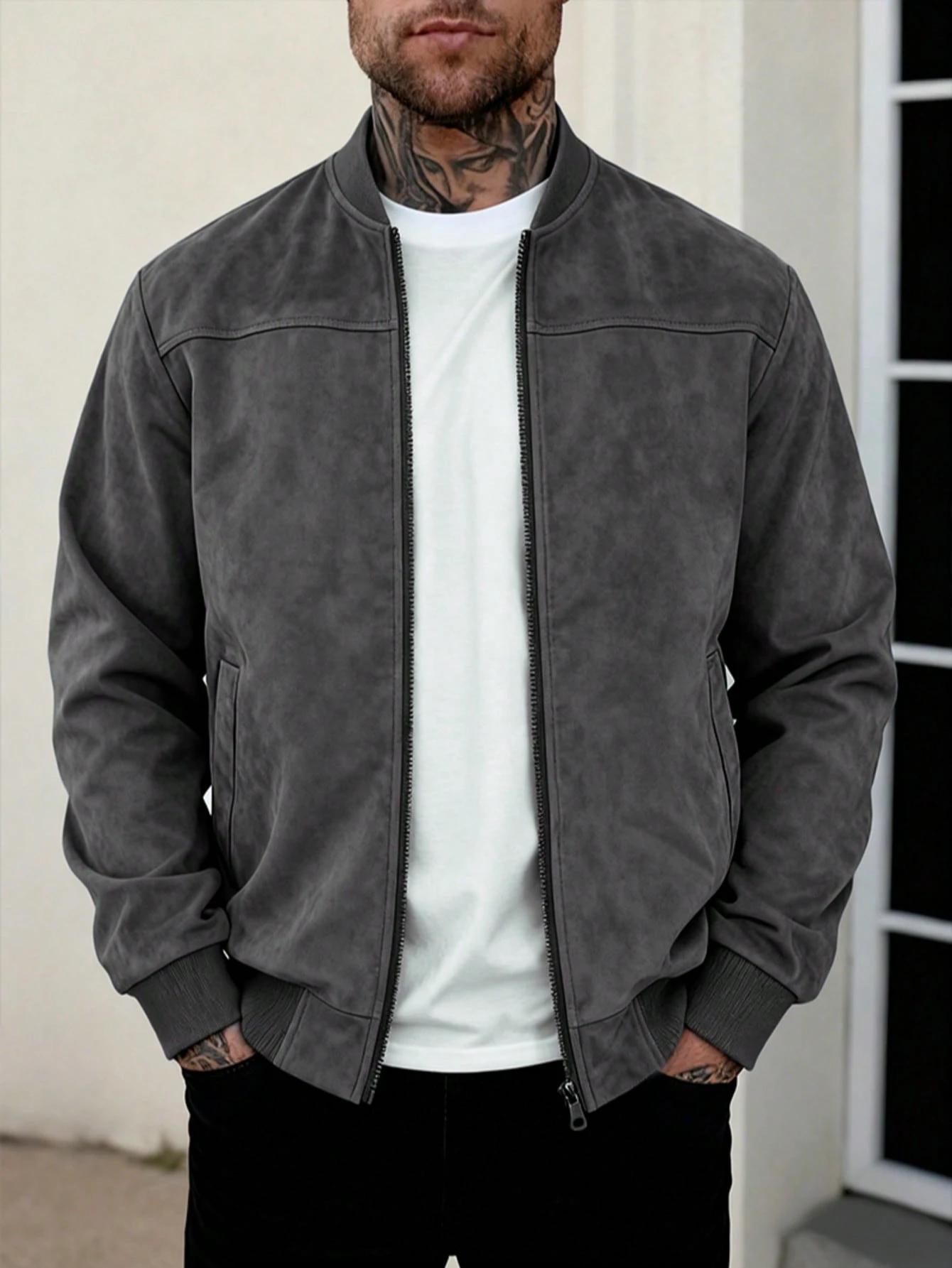 Veste de vol en suède polaire légère de couleur unie pour hommes, col montant zippé — vue 7