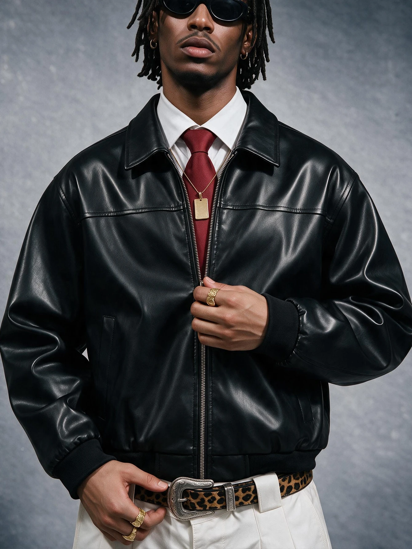 AXEPEAK Veste en cuir PU à manches longues et fermeture éclair avant de couleur unie pour