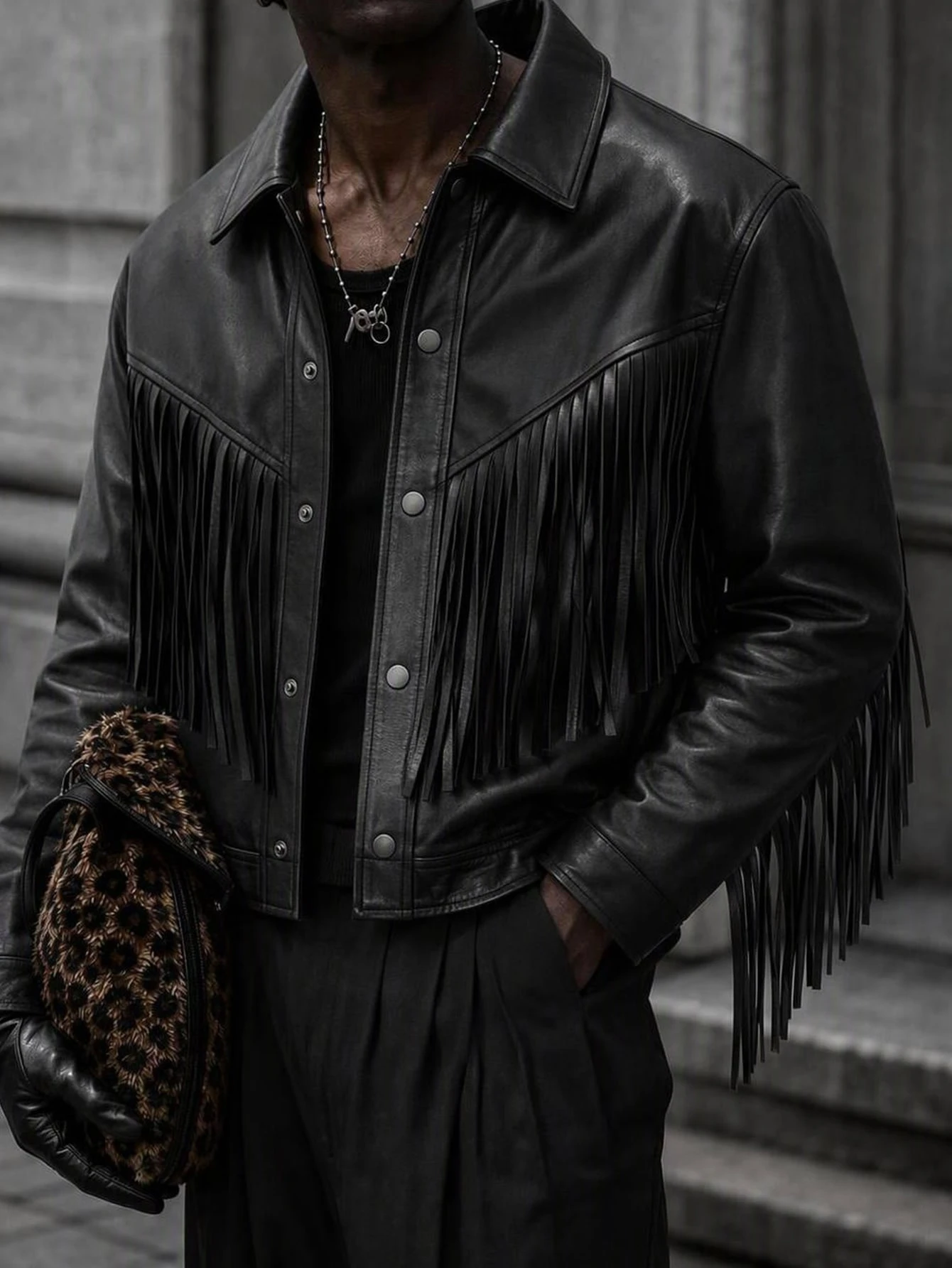 Mainfolk Veste en polyuréthane style western marron café pour hommes avec col, manches — vue 5