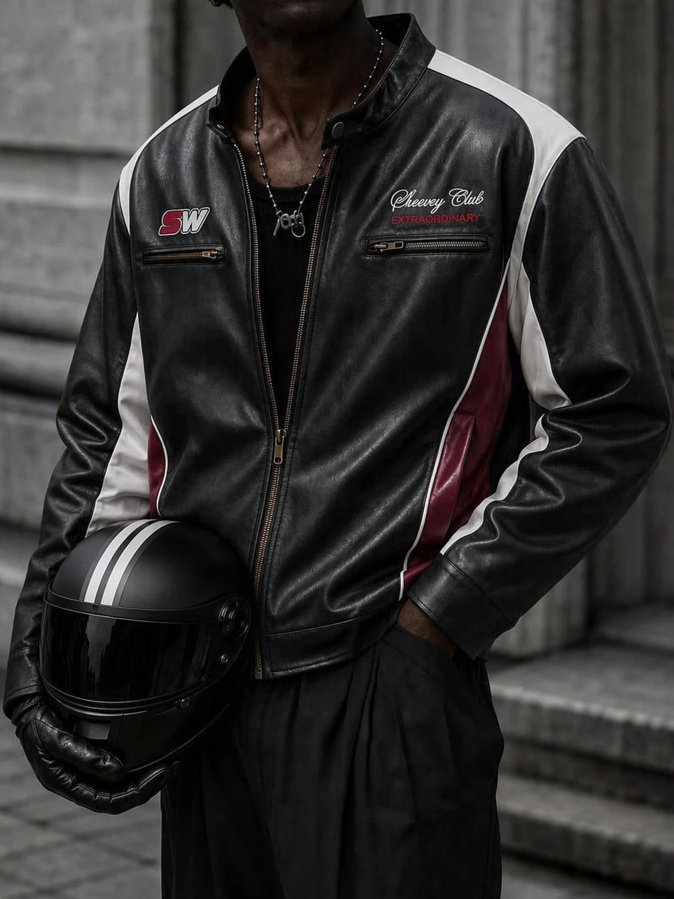 Mainfolk Veste en polyuréthane style western marron café pour hommes avec col, manches — vue 2