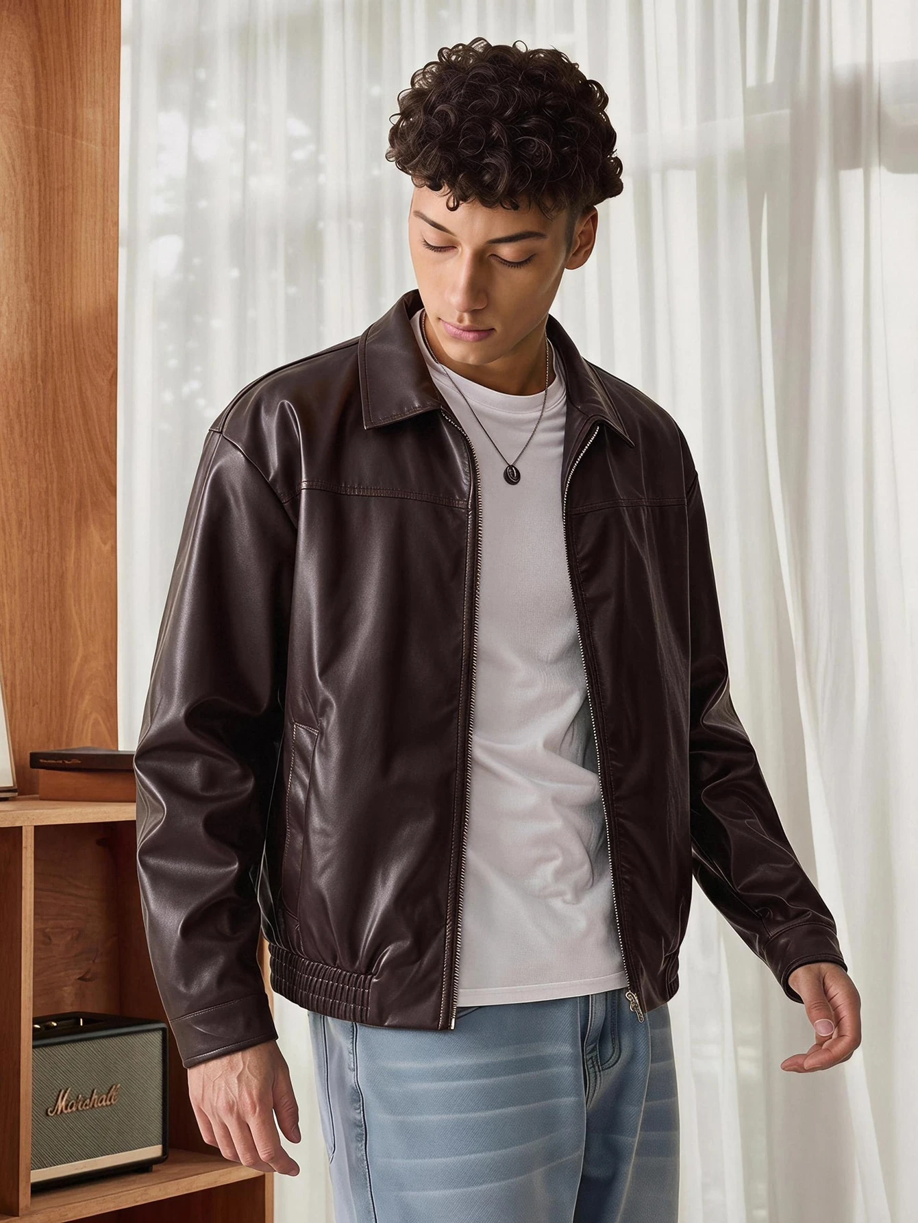 SWAVVY Veste longue à manches longues en cuir PU ajustée, style décontracté jeune et mode — vue 6