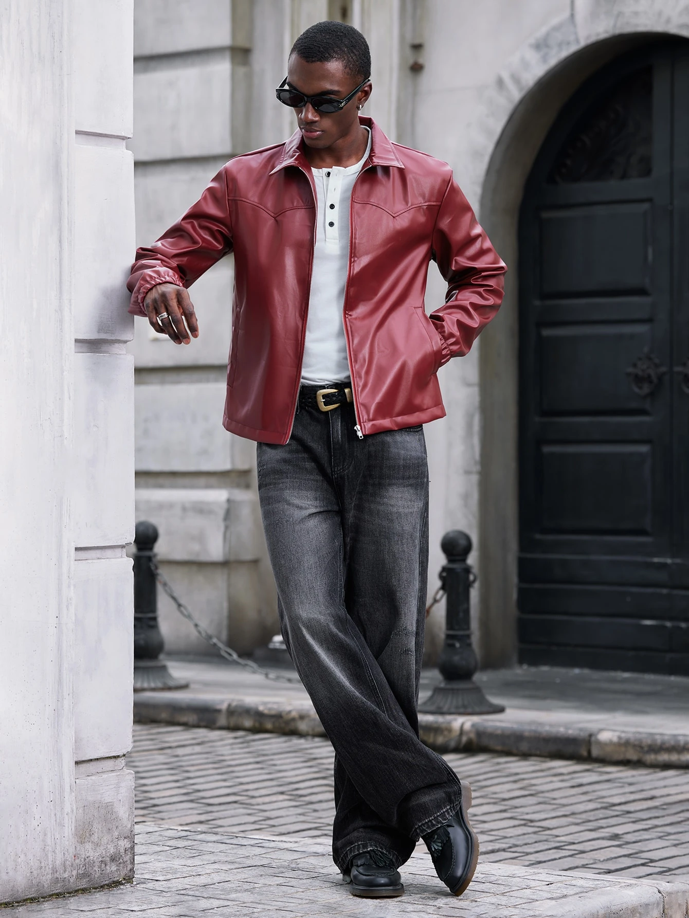 SWAVVY Veste longue à manches longues en cuir PU ajustée, style décontracté jeune et mode — vue 11