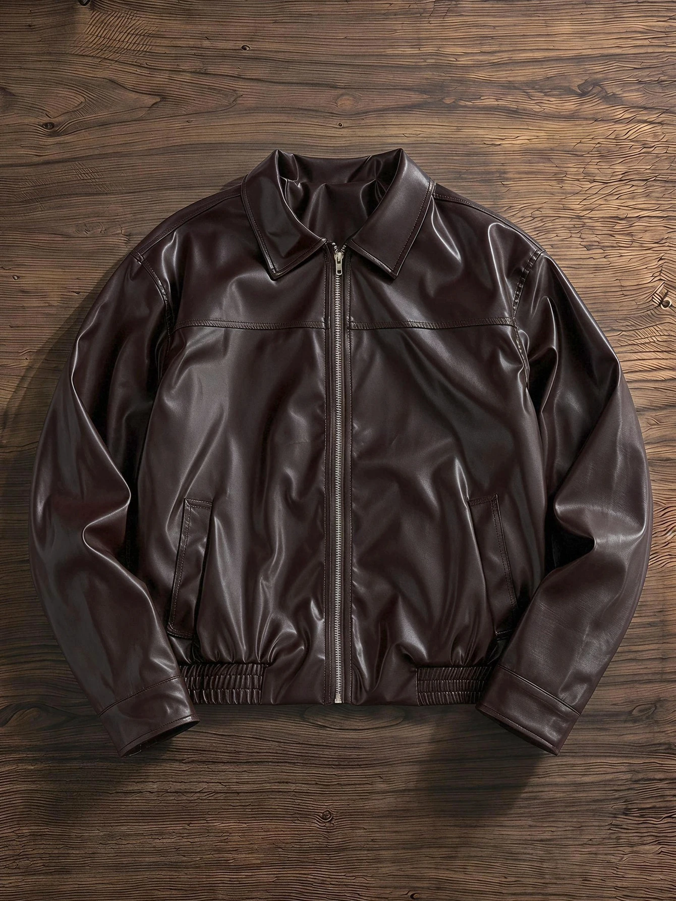 SWAVVY Veste longue à manches longues en cuir PU ajustée, style décontracté jeune et mode — vue 12