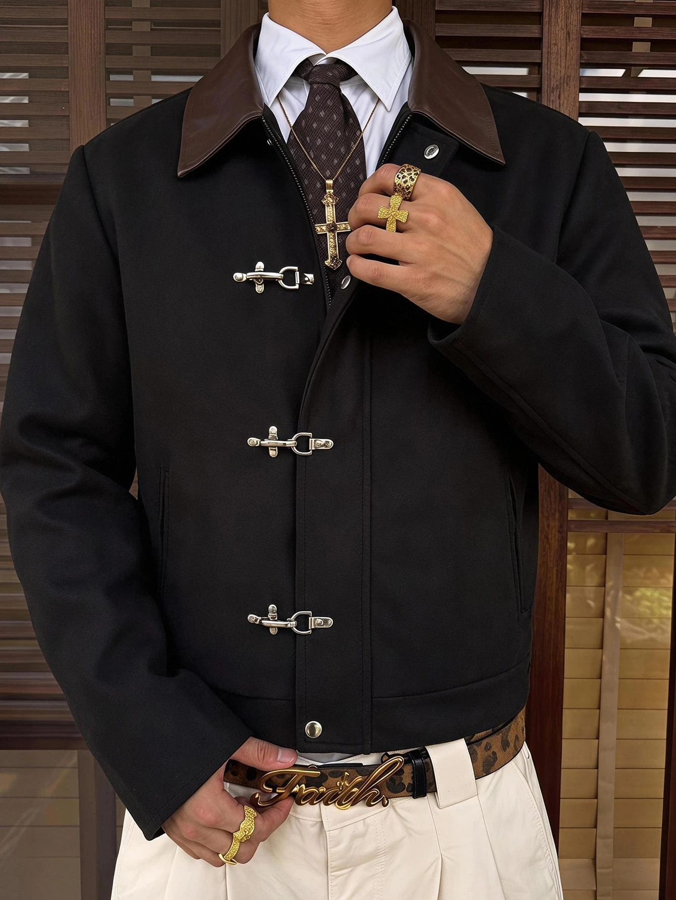 SWAVVY Veste longue à manches longues en cuir PU ajustée, style décontracté jeune et mode — vue 7