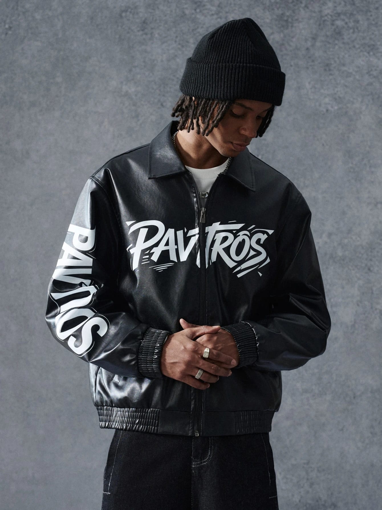 PAVTROS Veste en cuir PU à fermeture éclair avec texte pour hommes, automne/hiver
