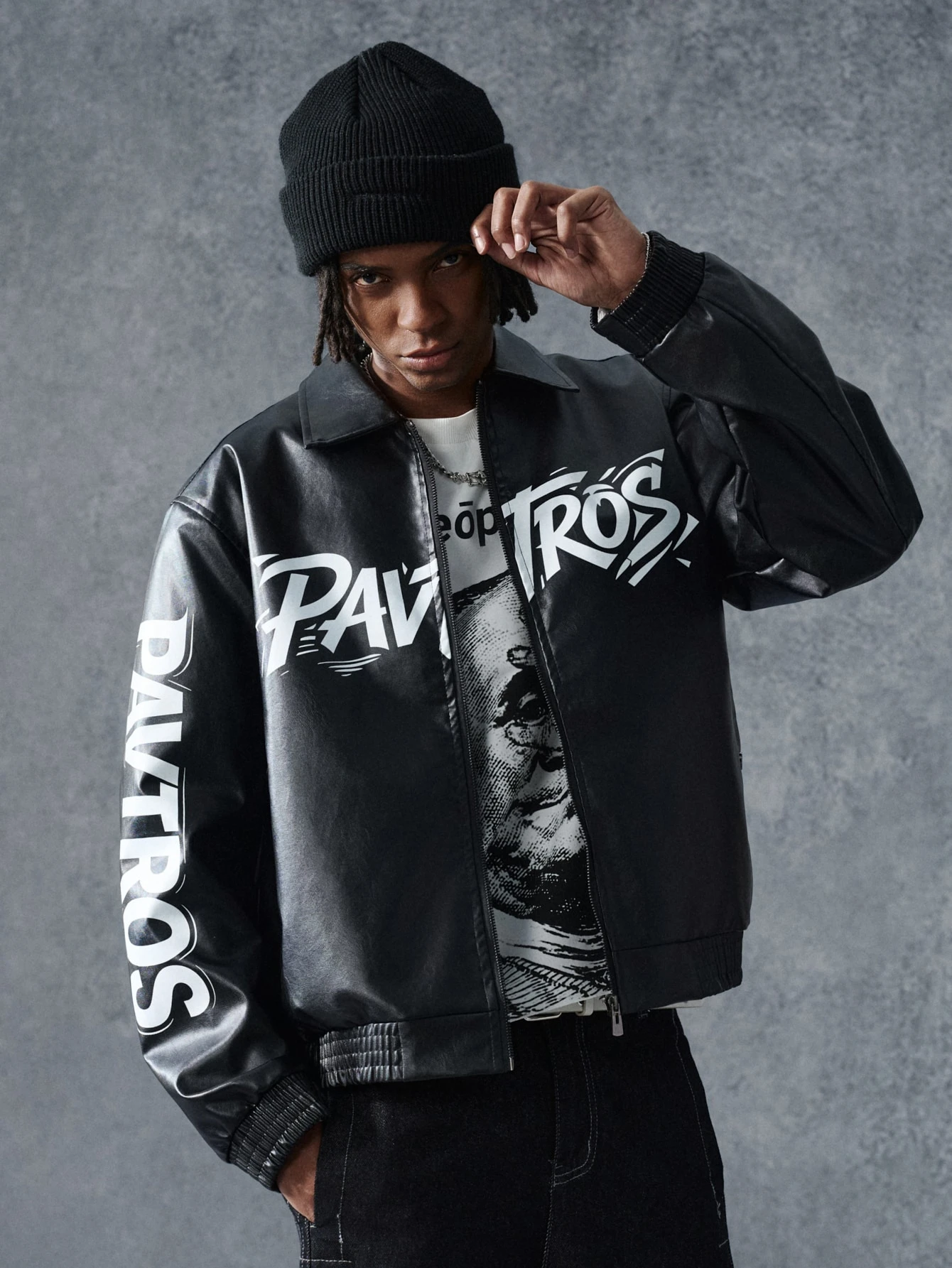 PAVTROS Veste en cuir PU à fermeture éclair avec texte pour hommes, automne/hiver — vue 7