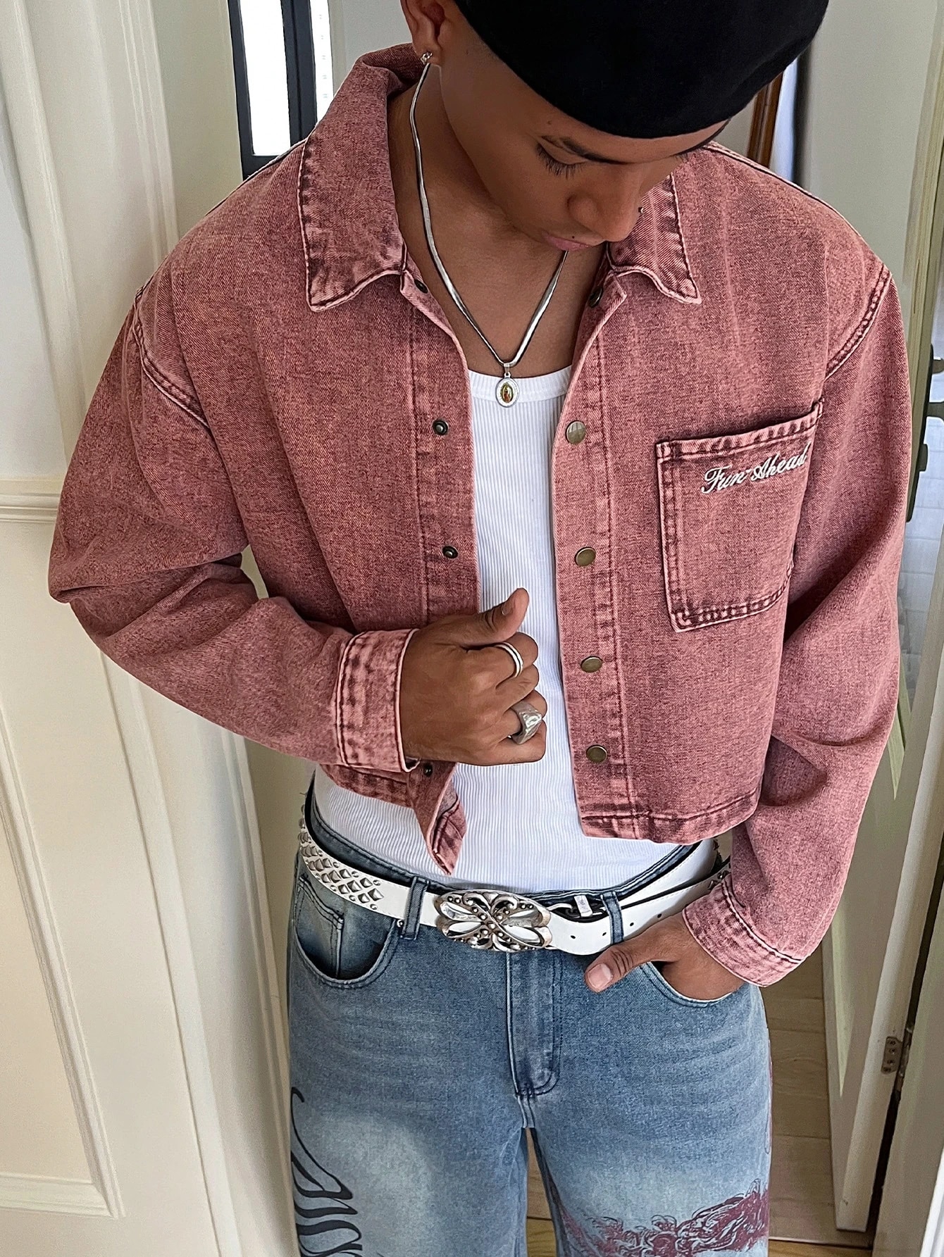 Manfinity Denimwave Veste en jean décontractée à manches longues et à épaules tombantes, — vue 9