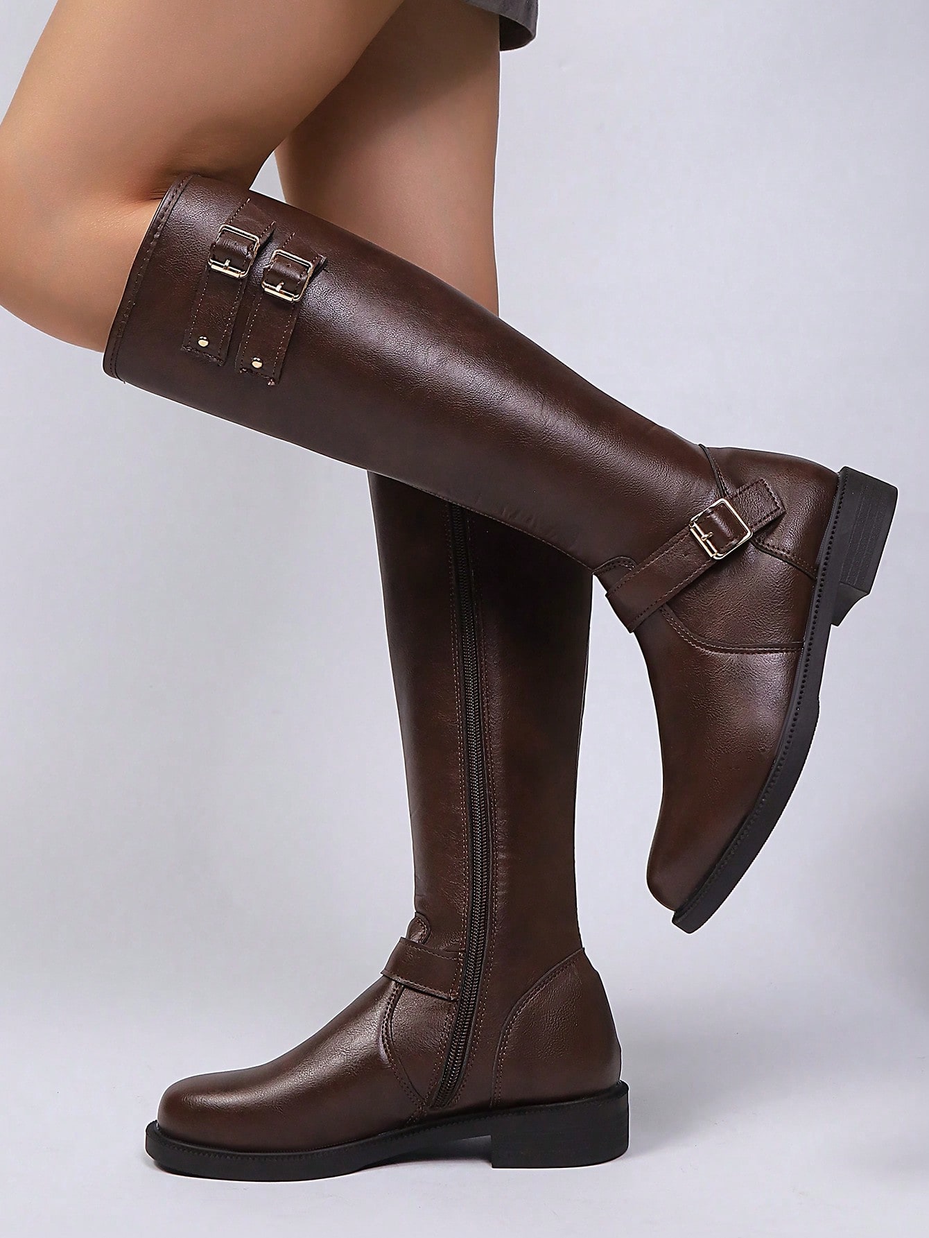 Bottes hautes pour femmes avec décoration de boucle marron et bottines de cheville