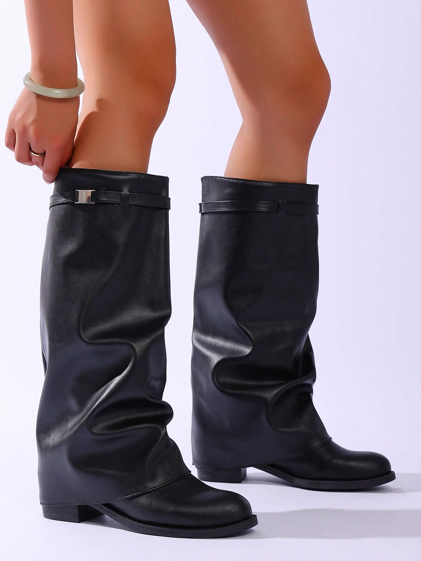 1 paire de bottes plissées pliées populaires, boucle mode, plates et confortables, — vue 2
