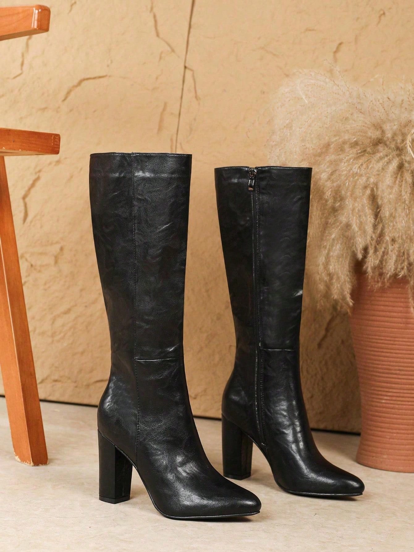 Bottes noires à bout pointu et talon épais pour femmes, bottes chaudes, bottes de style — vue 3